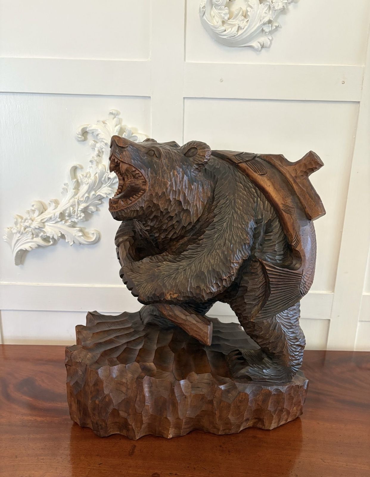 Large Antique Quality Carved Linden Wood Japanese Bear Carrying A Fish