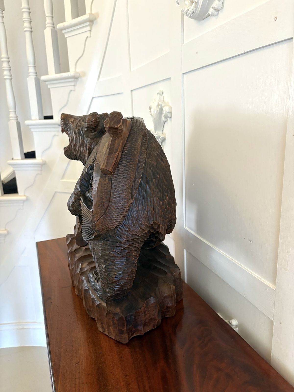 1585.0 Large Antique Quality Carved Linden Wood Japanese Bear Carrying A Fish photo