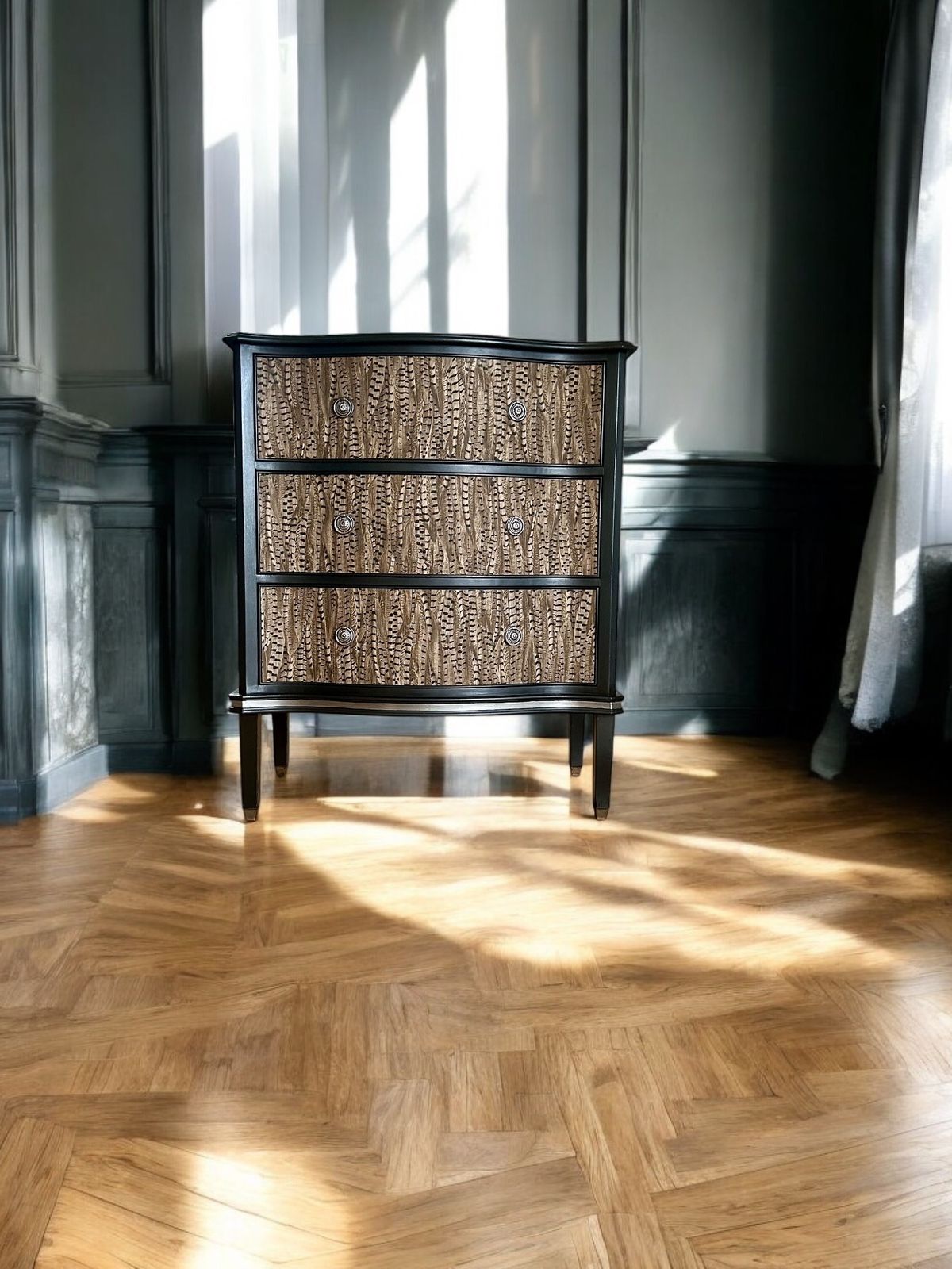 Vintage Drawers.  Bow Front, Handpainted And Decoupaged.  Black With Pheasant Feather Decoupage. photo Furniture