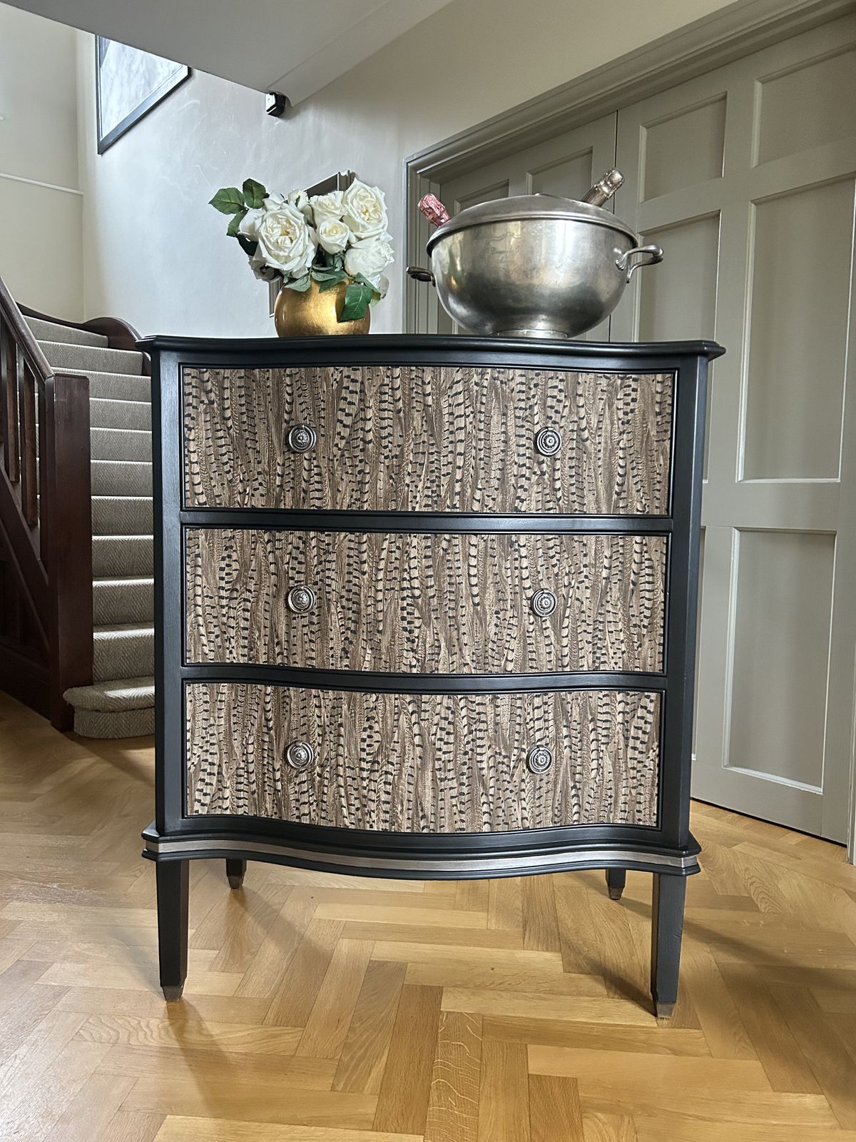 Vintage Drawers.  Bow Front, Handpainted And Decoupaged.  Black With Pheasant Feather Decoupage. photo vintage