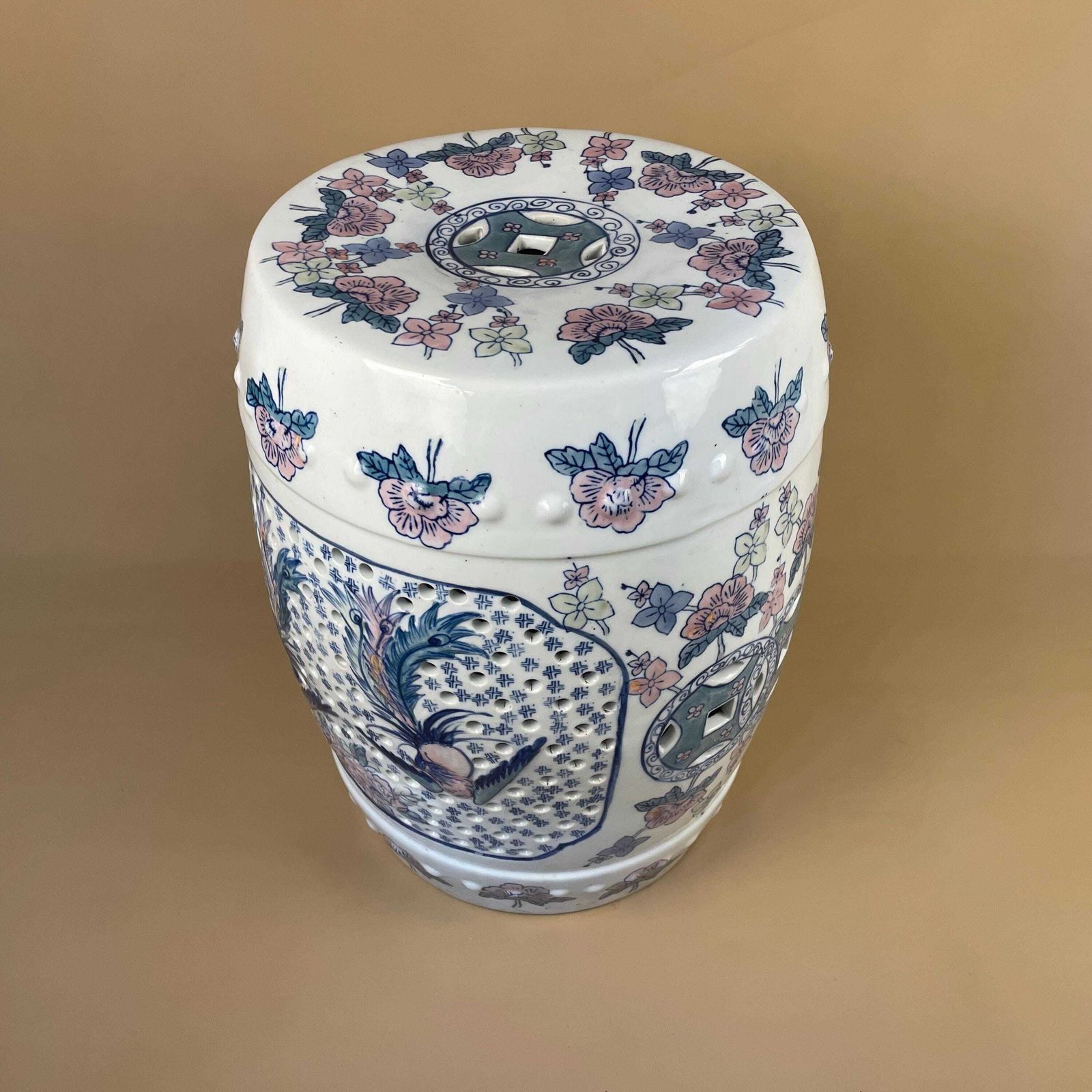 Oriental Table Chinese Floral Ceramic Antique Hand Painted Seat Plant Stand Stool Large Decorative Asian Pink Blue White Floral photo furniture