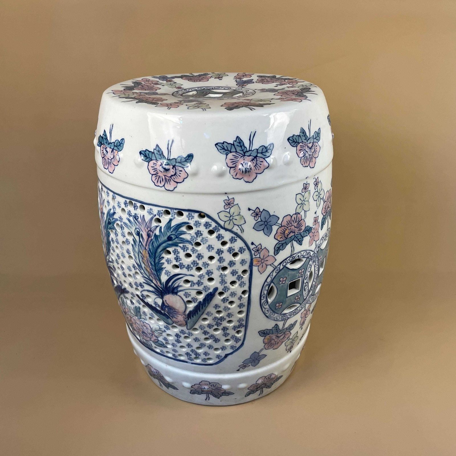 Oriental Table Chinese Floral Ceramic Antique Hand Painted Seat Plant Stand Stool Large Decorative Asian Pink Blue White Floral photo for sale
