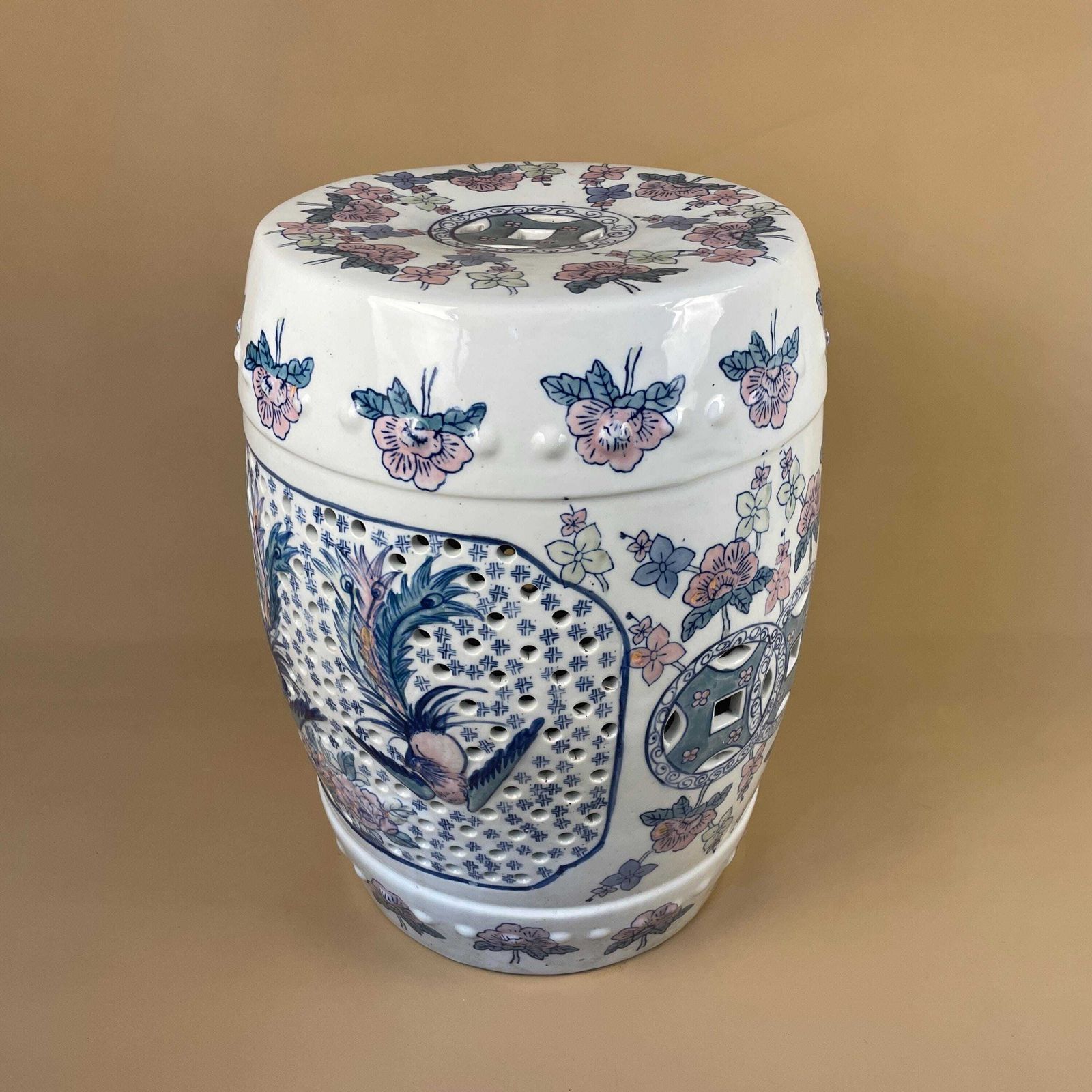 Oriental Table Chinese Floral Ceramic Antique Hand Painted Seat Plant Stand Stool Large Decorative Asian Pink Blue White Floral photo 225.0