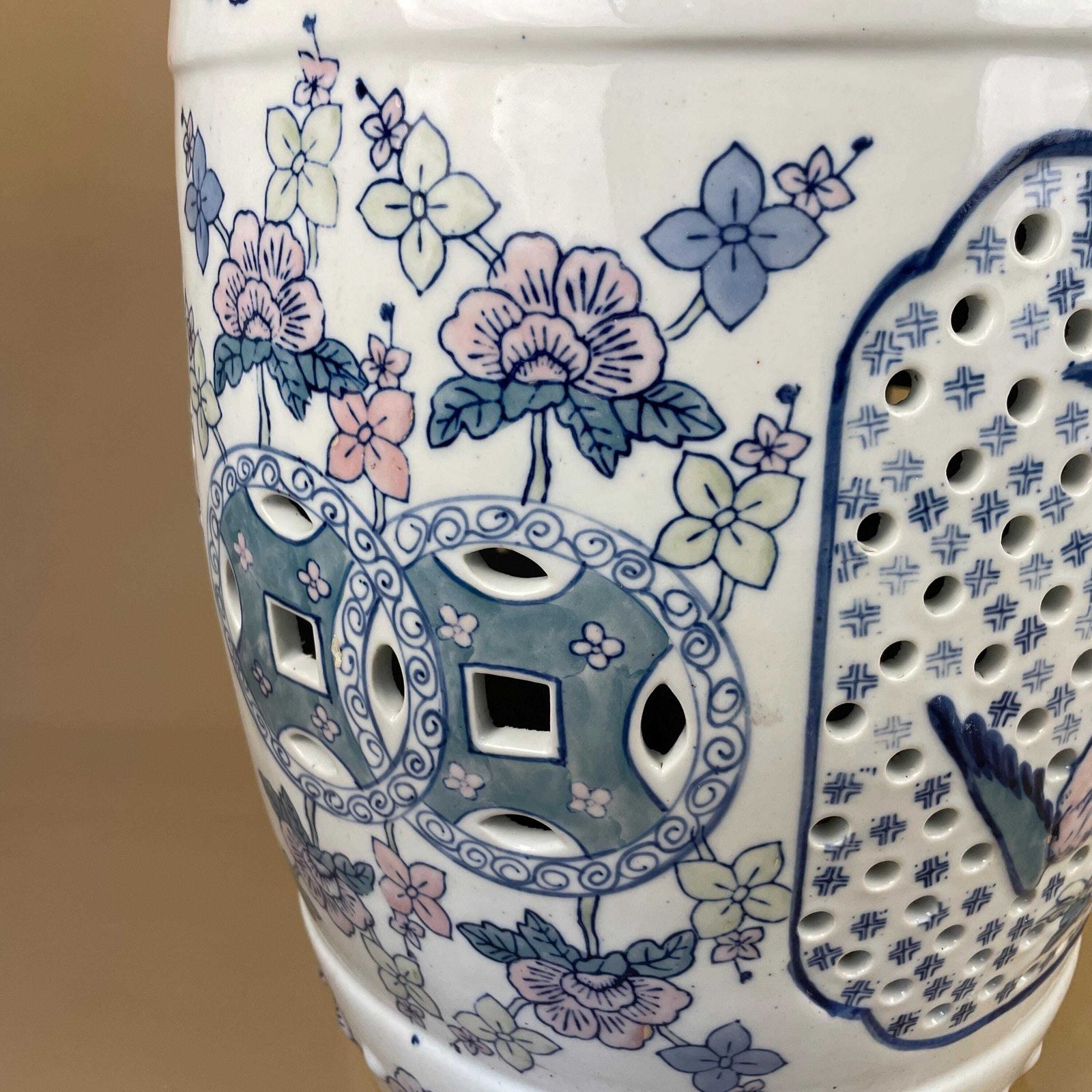 photo for sale Oriental Table Chinese Floral Ceramic Antique Hand Painted Seat Plant Stand Stool Large Decorative Asian Pink Blue White Floral