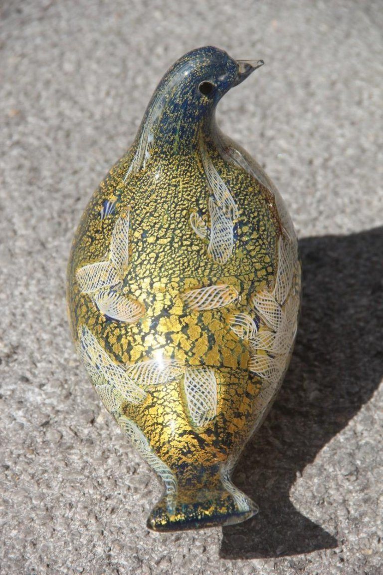 Pigeon Murano Art Glass Green Gold White Blue Zanfirico Avem Design 1960s photo vintage