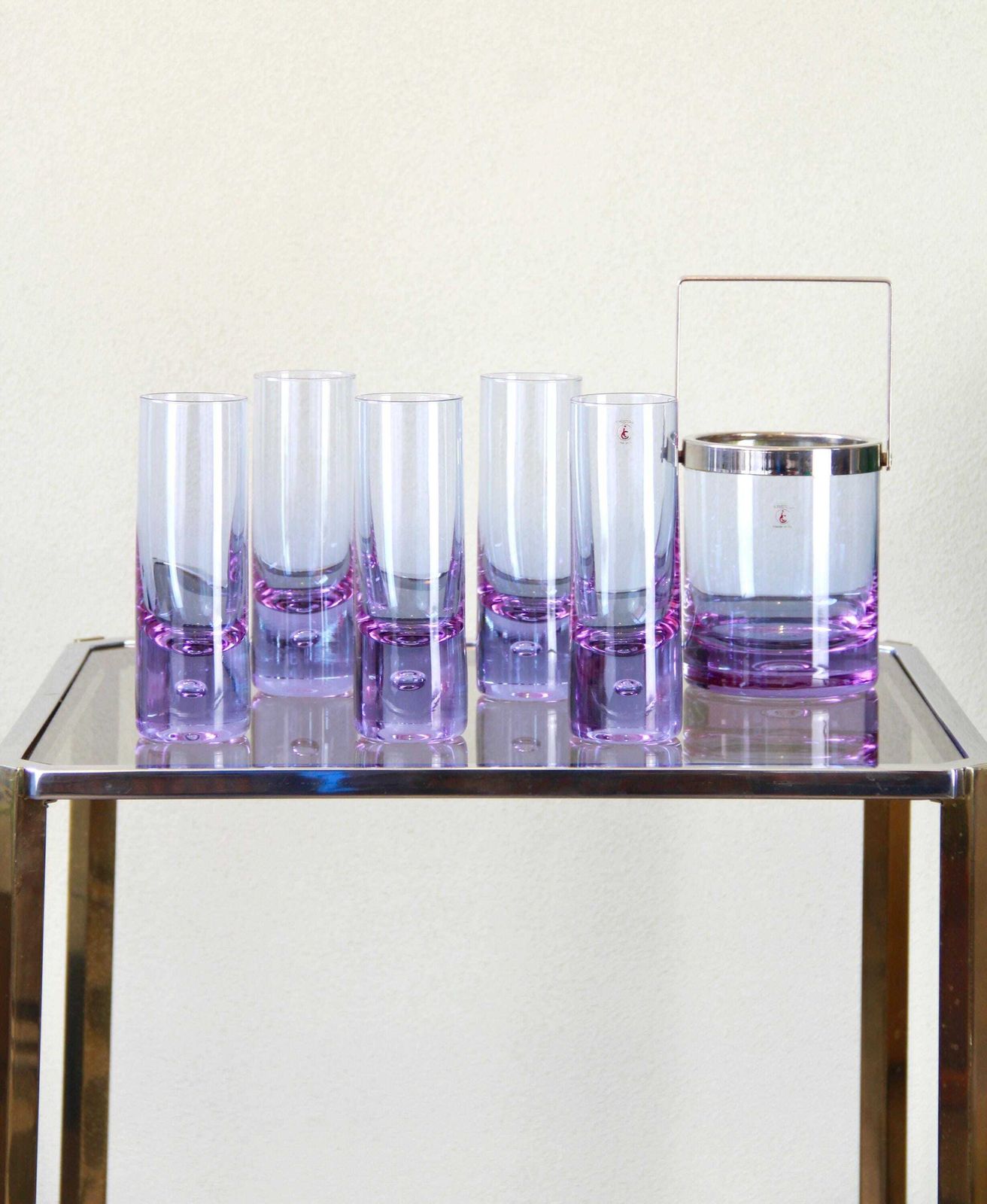 Deep Purple, Space Age Alexandrite Drinking Glasses And Ice Bucket By Kristal, Italy, 1970s