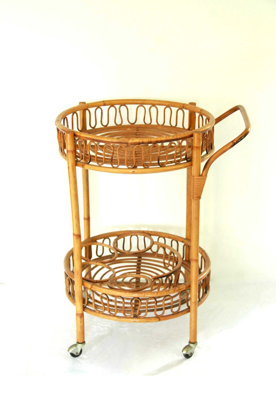 photo for sale Carrello, Vintage Bamboo And Wicker Bar Cart / Trolley , Italy, 1970s