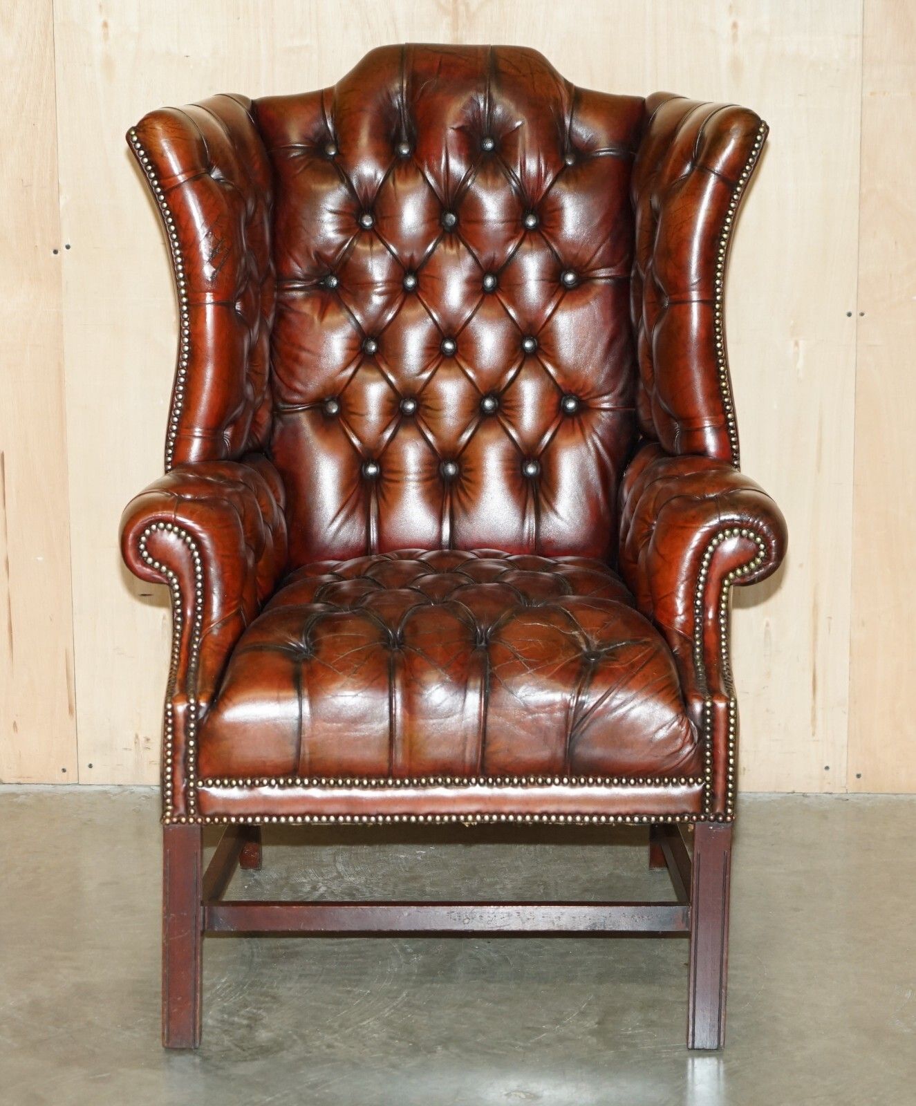 Antique Fully Restored Bordeaux Leather Tufted Chesterfield Wingback Armchair photo furniture