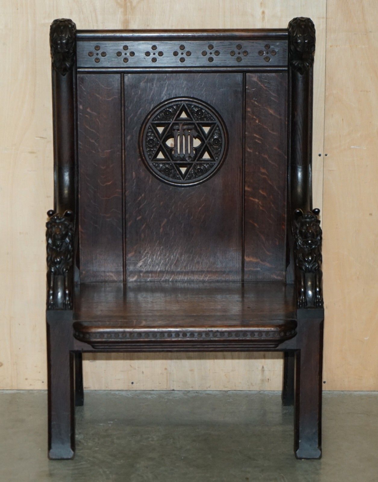 Stunning Extra Large Gothic Revival Throne Armchair Hand Carved Armorial Lions photo for sale