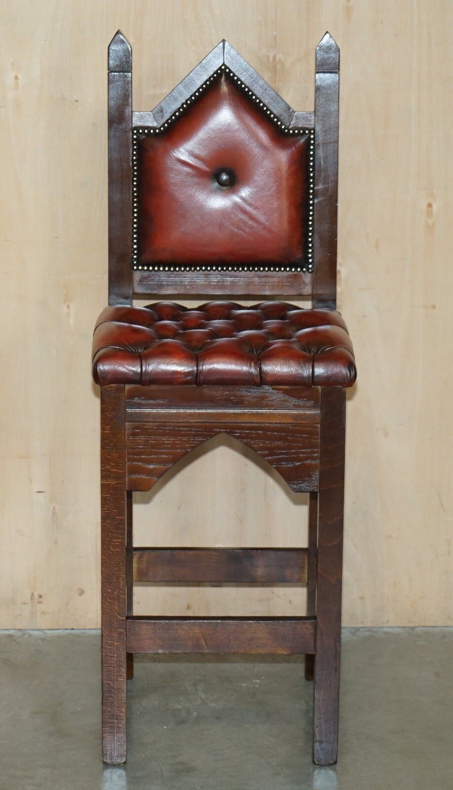 Three Restored Brown Leather Chesterfield Gothic Steeple Kitchen Bar Stools 3 photo for sale