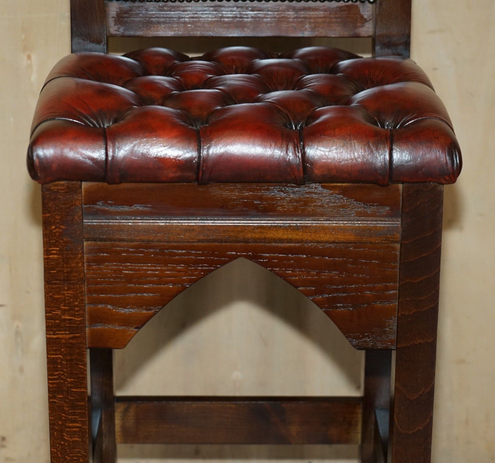 photo furniture Three Restored Brown Leather Chesterfield Gothic Steeple Kitchen Bar Stools 3