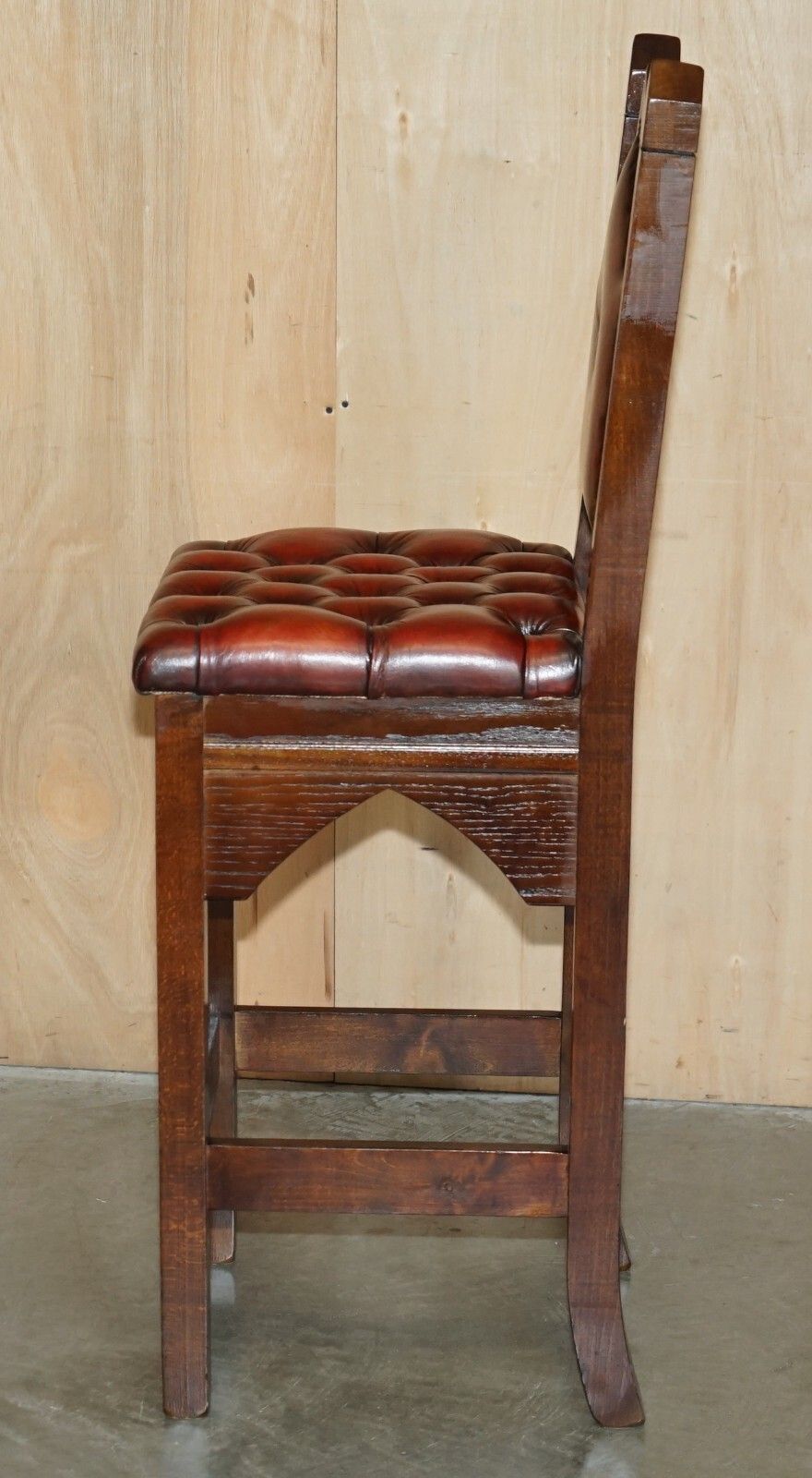 photo buy Three Restored Brown Leather Chesterfield Gothic Steeple Kitchen Bar Stools 3