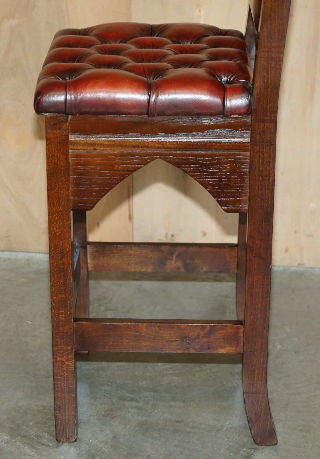 photo vintage Three Restored Brown Leather Chesterfield Gothic Steeple Kitchen Bar Stools 3