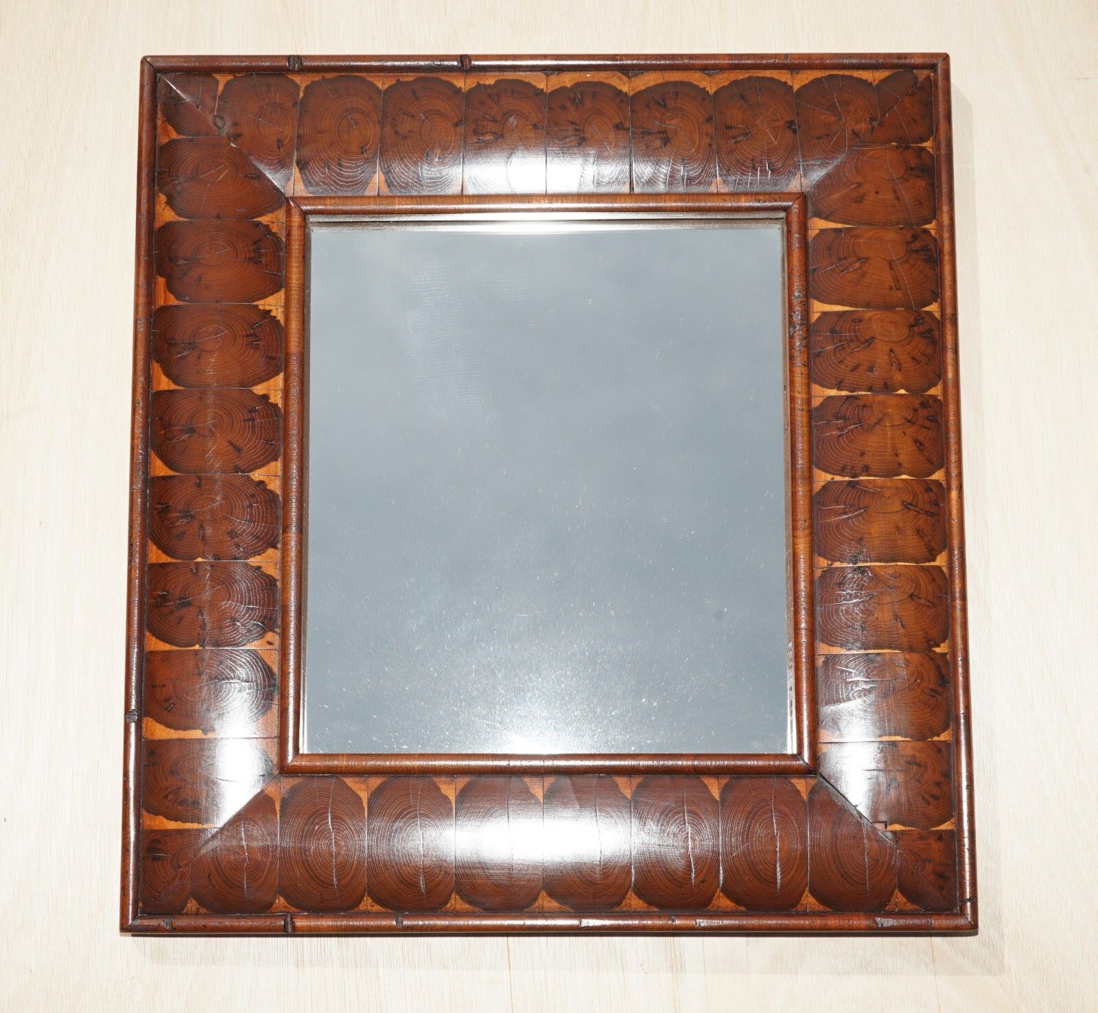 Exquisite Antique Oyster Laburnum Wood Cushion Framed Wall Mirror Sublime Patina