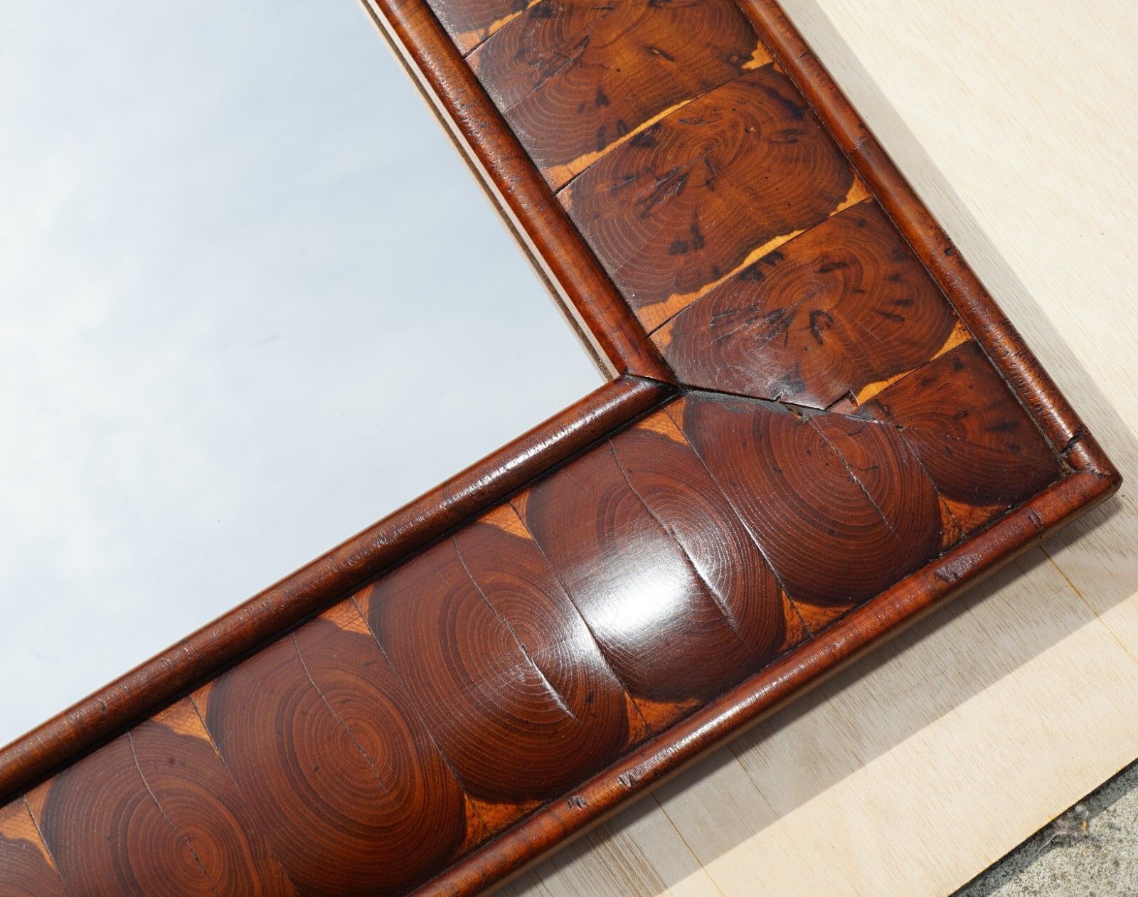 Exquisite Antique Oyster Laburnum Wood Cushion Framed Wall Mirror Sublime Patina photo for sale