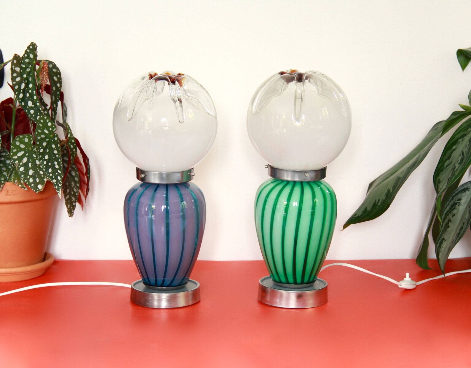 Ranuncoli, Space Age Mazzega Murano Swirl Lamps, Set Of 2, Italy, 1970s