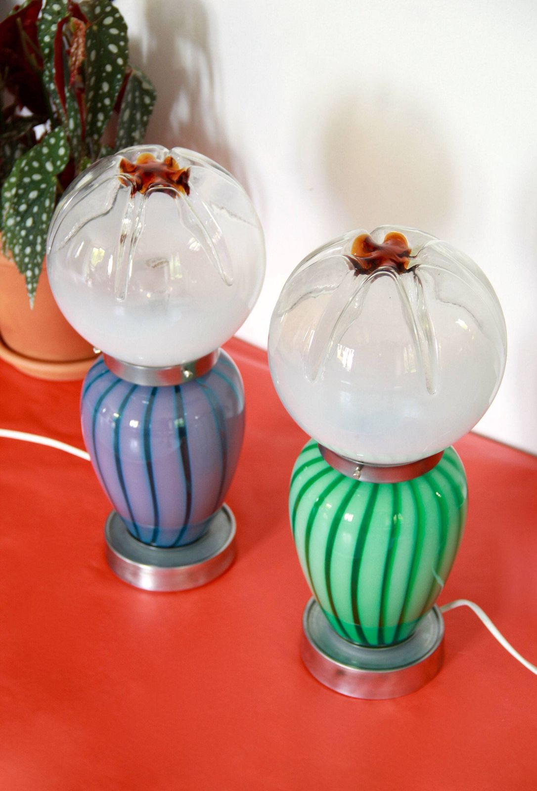 Ranuncoli, Space Age Mazzega Murano Swirl Lamps, Set Of 2, Italy, 1970s photo for sale