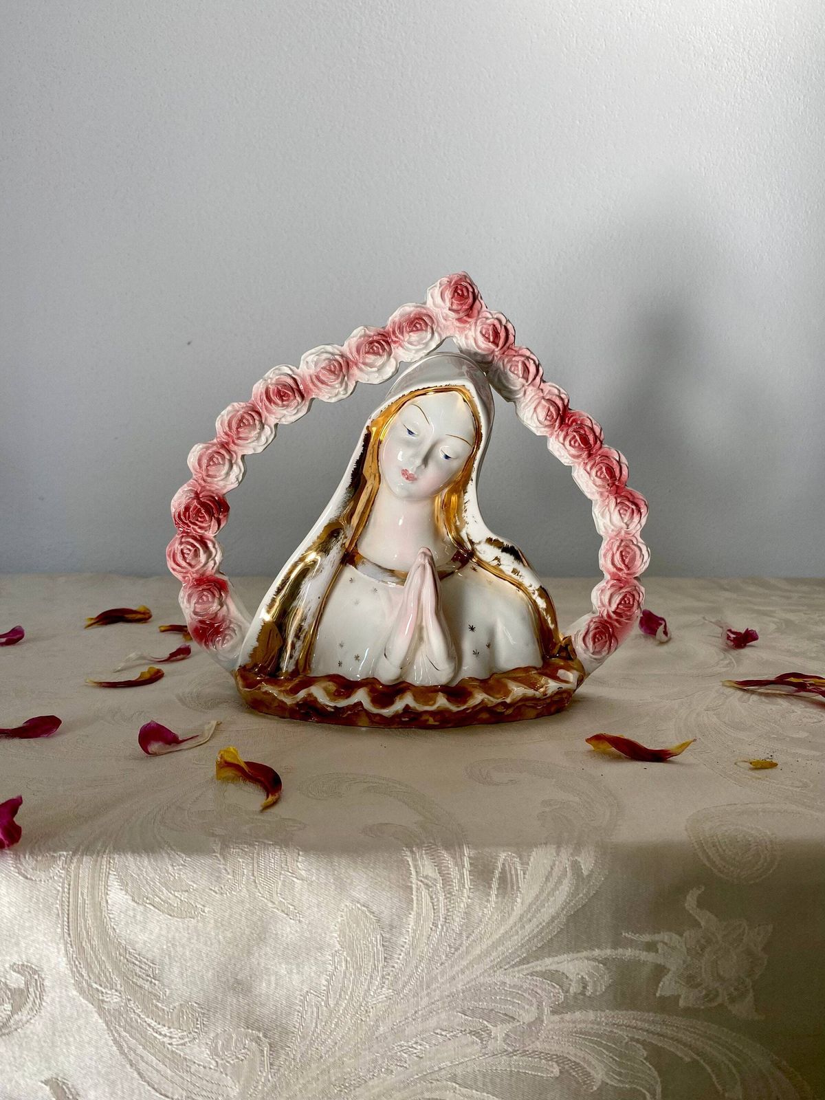 Madonna Delle Rose, Antique Art Deco Saint Mary Sculpture, Italy, 1940s