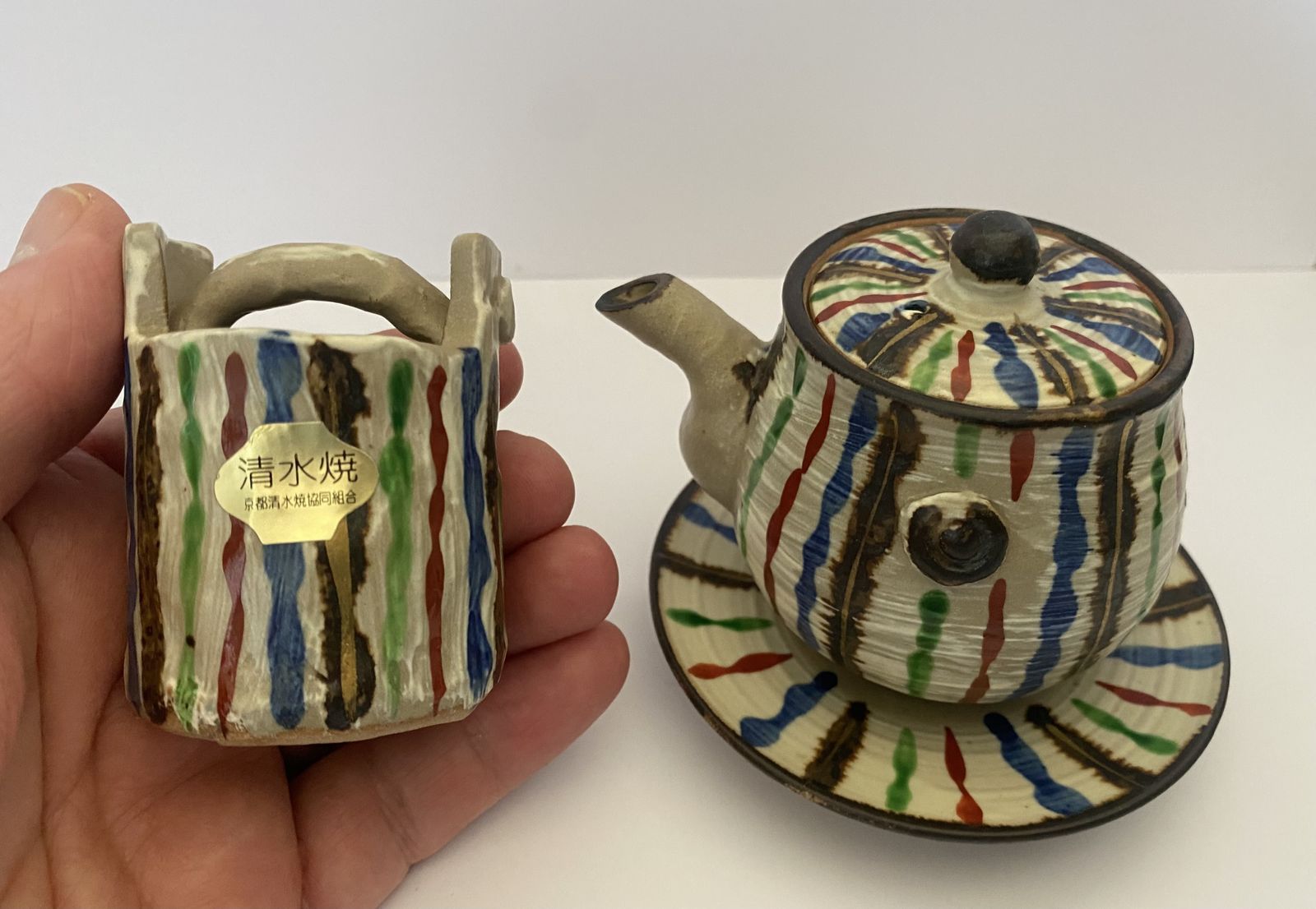 Original, Kitomizu Ware, Stoneware Teapot And ‘Water Bucket’ With Intricate ‘Snake Grass Design.