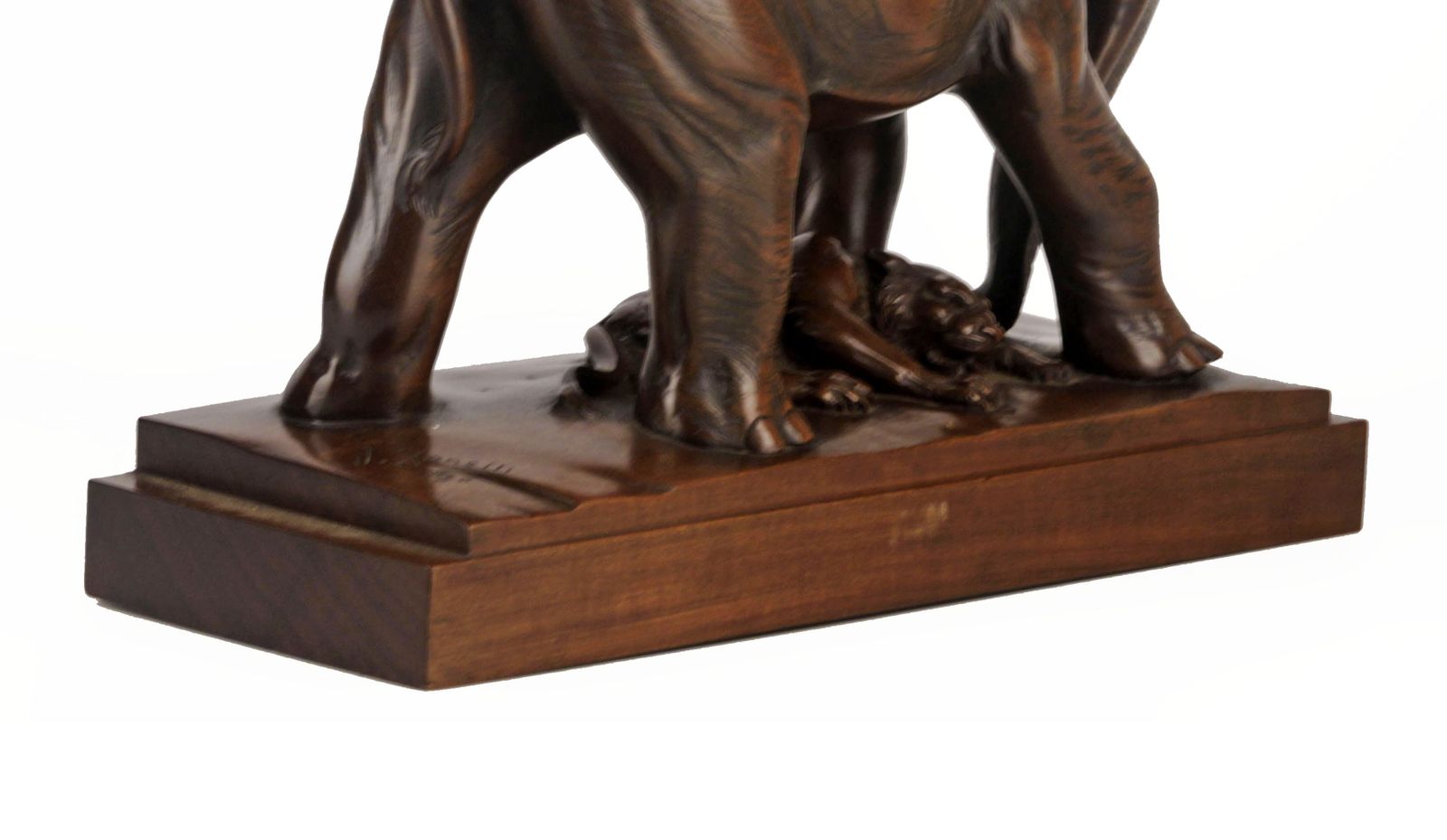 photo furniture Early 20th Century African Elephant, Tiger And Woman Rider Varnished Wood Sculpture Signed By J. Zanetti