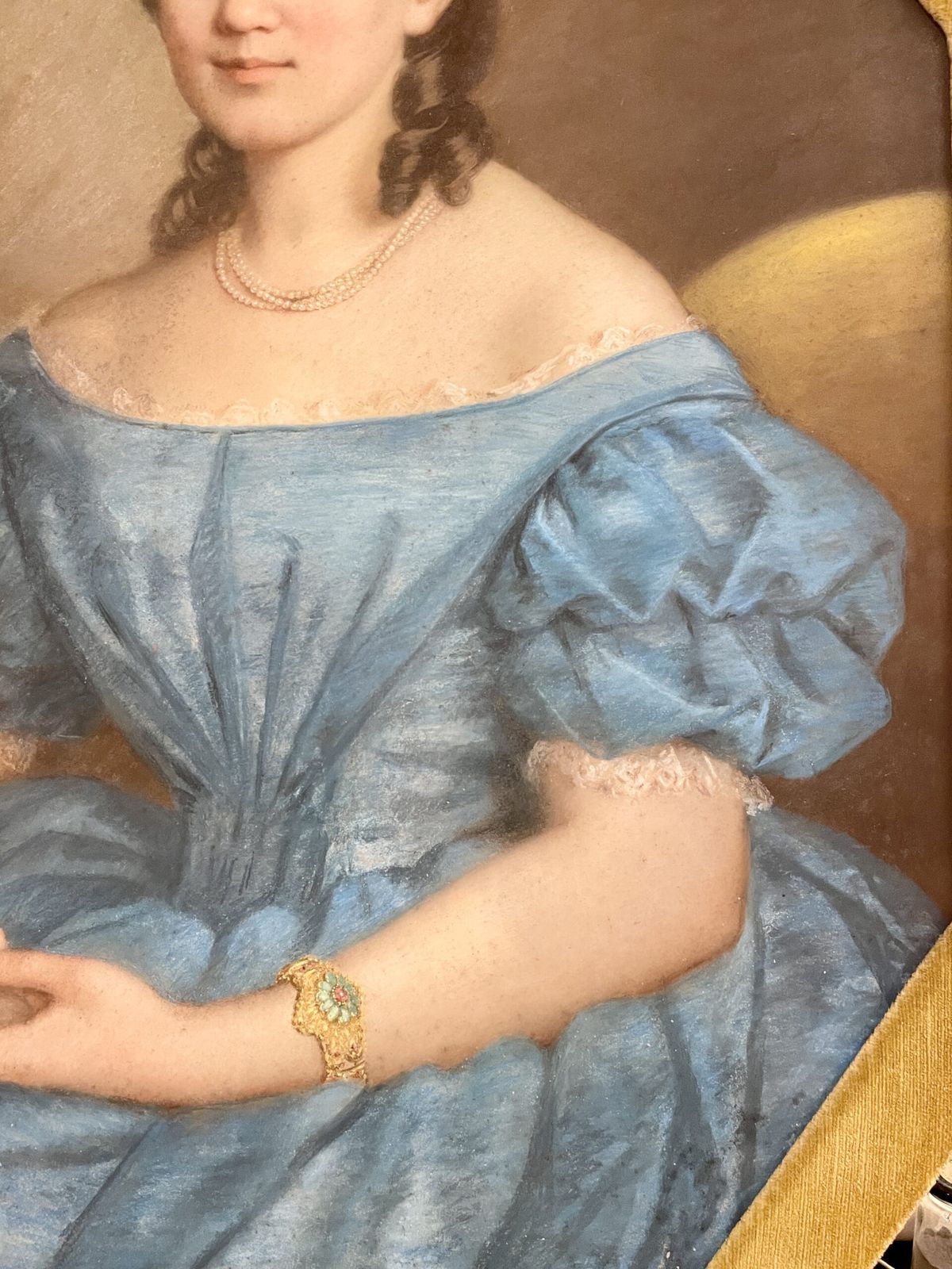 19th Century Pastel Portrait 0f A Lady In Blue Dress, With A Dog, In A Hexagonal Frame. Signed R.I.K (1866) photo furniture