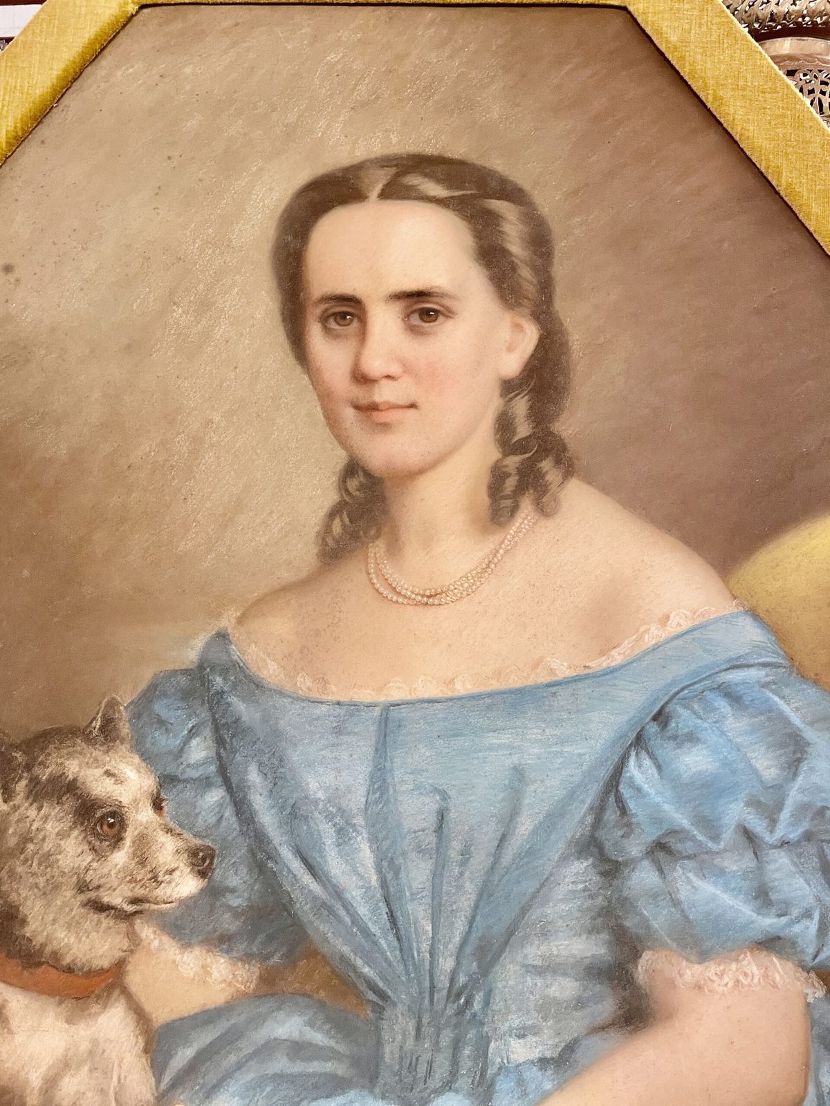 19th Century Pastel Portrait 0f A Lady In Blue Dress, With A Dog, In A Hexagonal Frame. Signed R.I.K (1866) photo for sale
