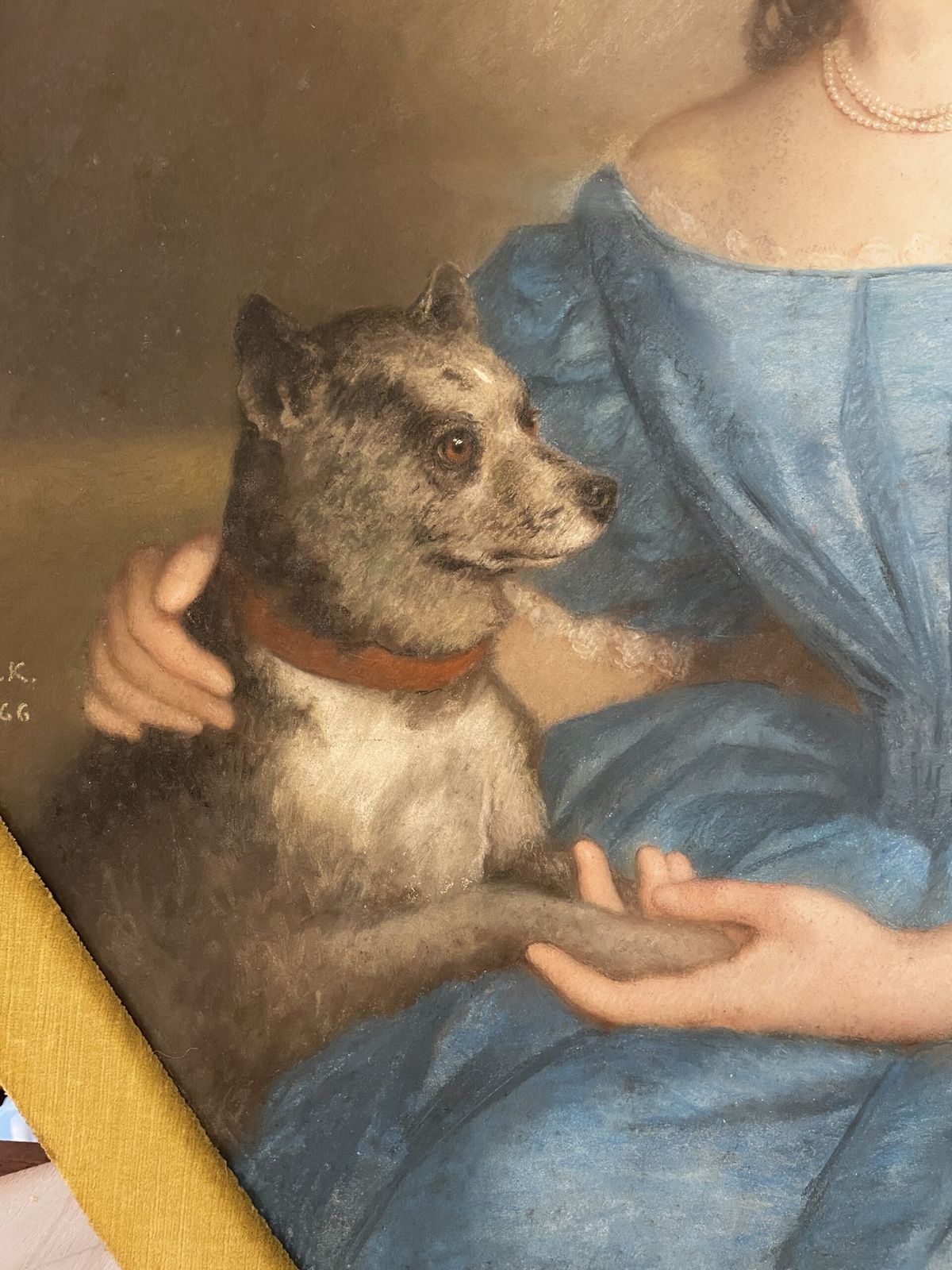 19th Century Pastel Portrait 0f A Lady In Blue Dress, With A Dog, In A Hexagonal Frame. Signed R.I.K (1866) photo Home Decor