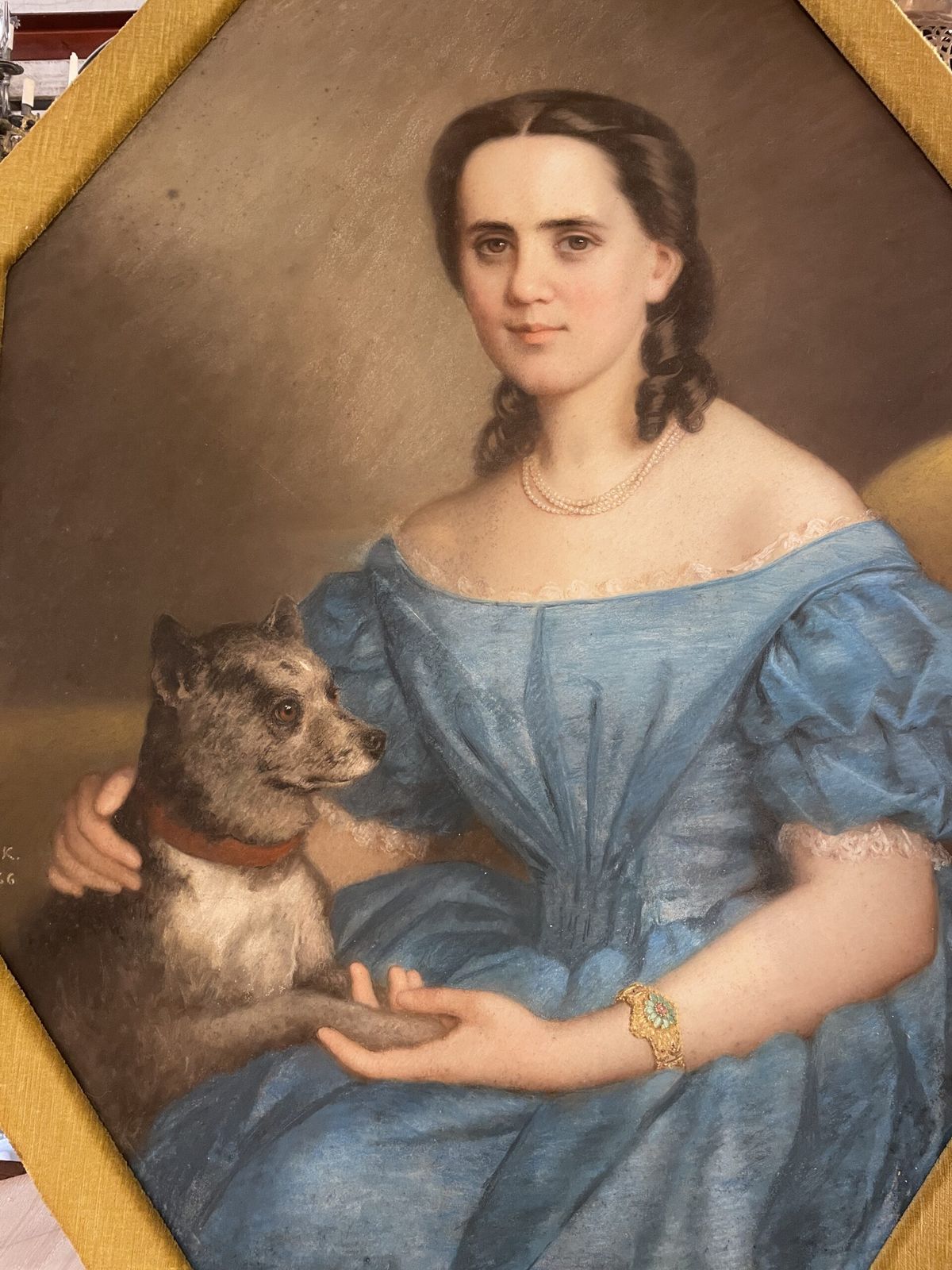 19th Century Pastel Portrait 0f A Lady In Blue Dress, With A Dog, In A Hexagonal Frame. Signed R.I.K (1866) photo 2800.0