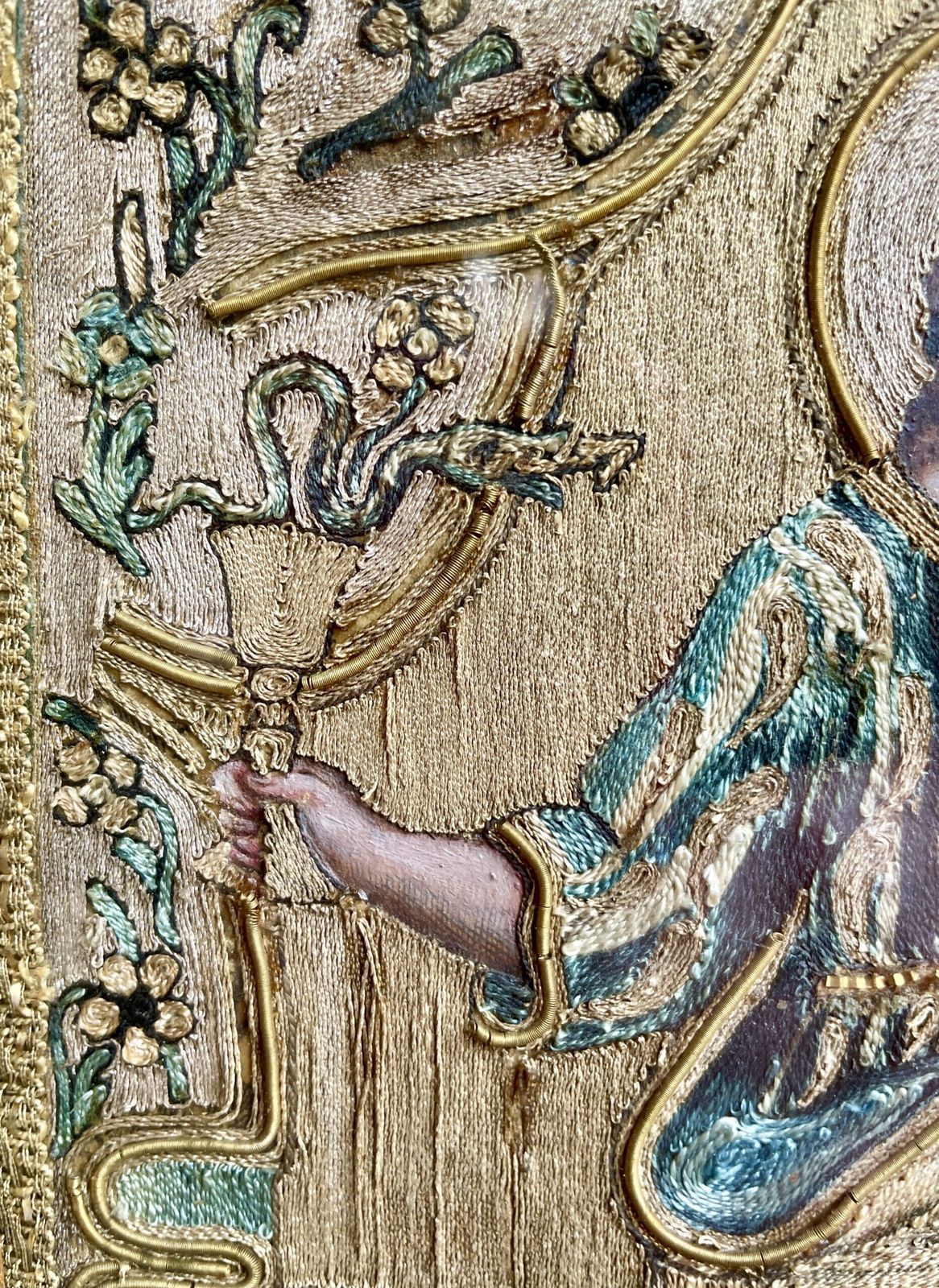 Italian 18th Century Church Icon In Silk Threads And A Water Gilded Frame photo furniture