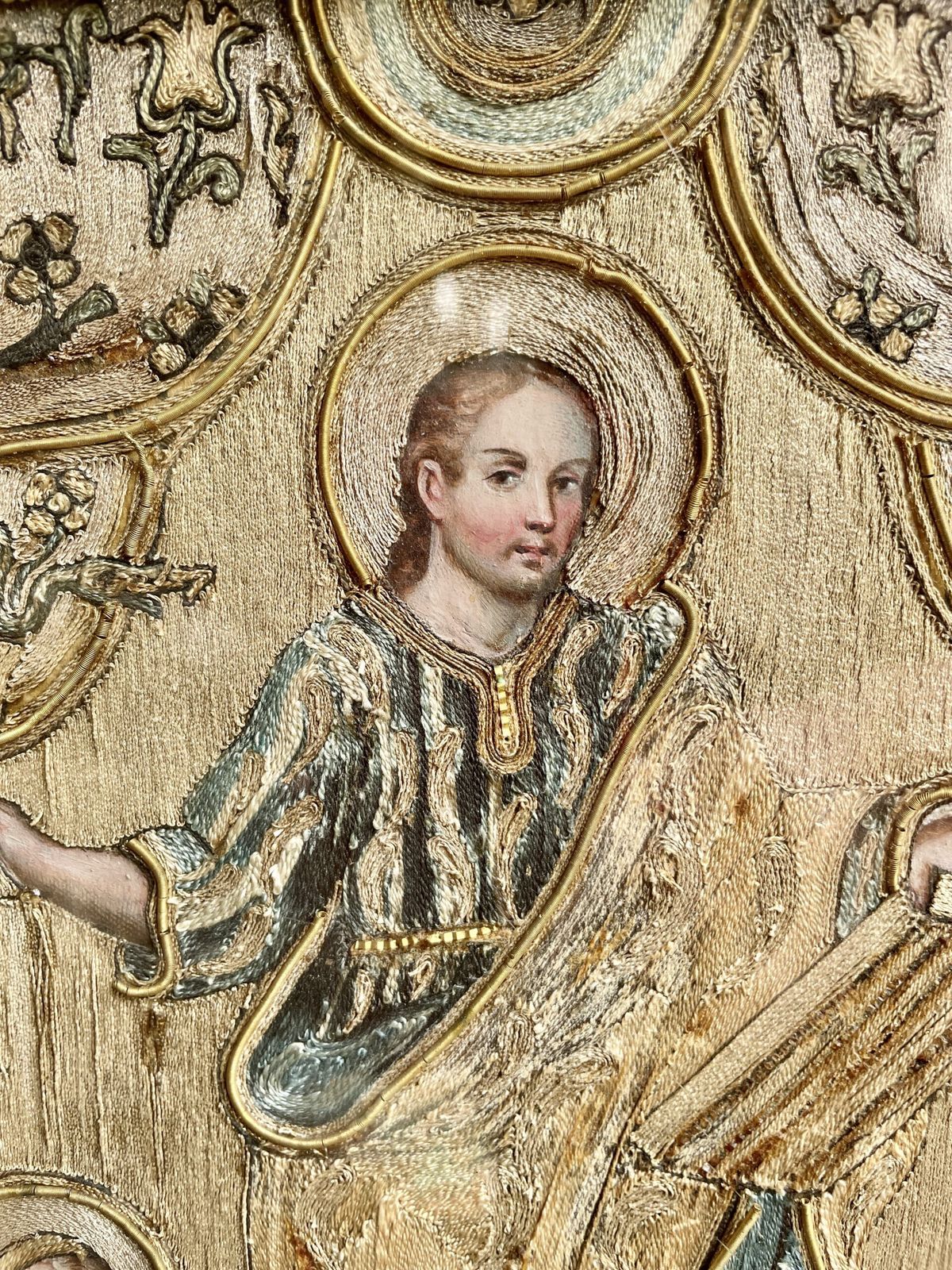 Italian 18th Century Church Icon In Silk Threads And A Water Gilded Frame photo Art