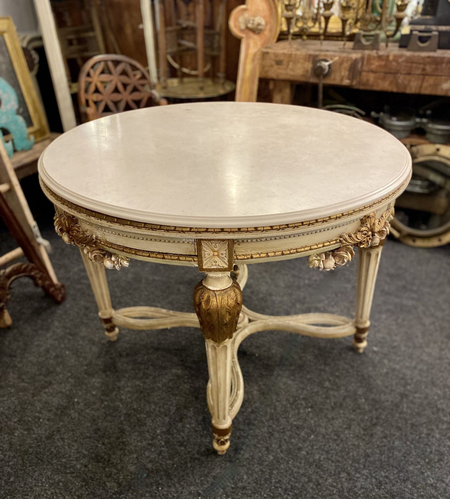 Circular 19th Century Card Table, In Carved Wood And Polychrome, With A Marble Top. photo 850.0