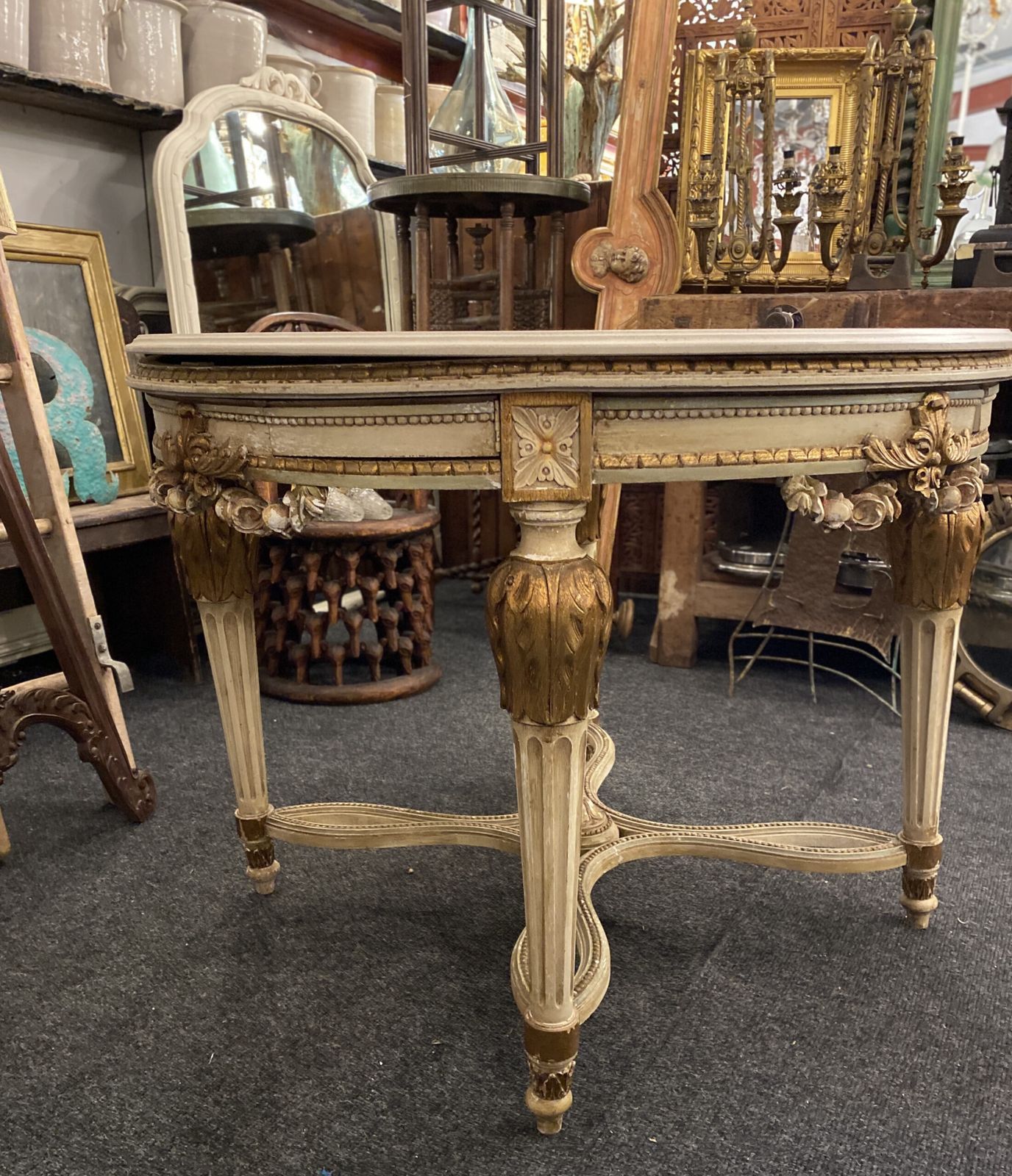 Circular 19th Century Card Table, In Carved Wood And Polychrome, With A Marble Top. photo vinterior