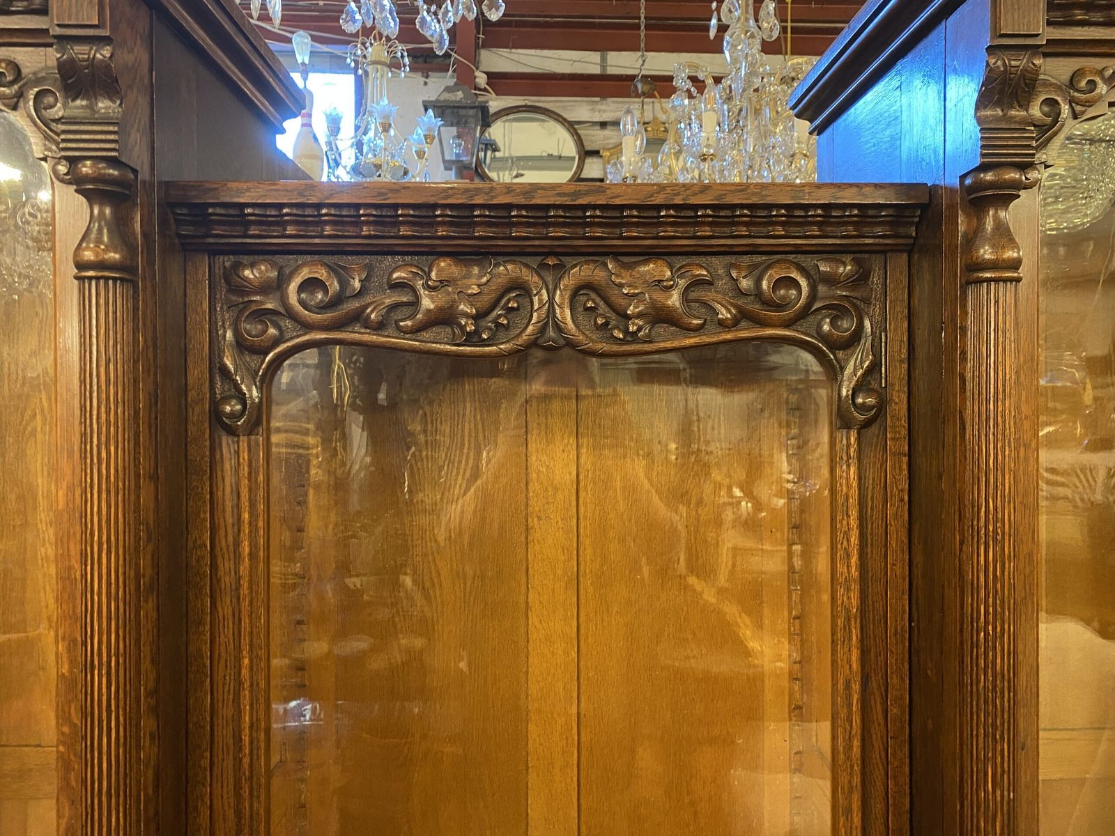 Glass Fronted Carved Fruitwood Bookcase With Shelves. photo furniture