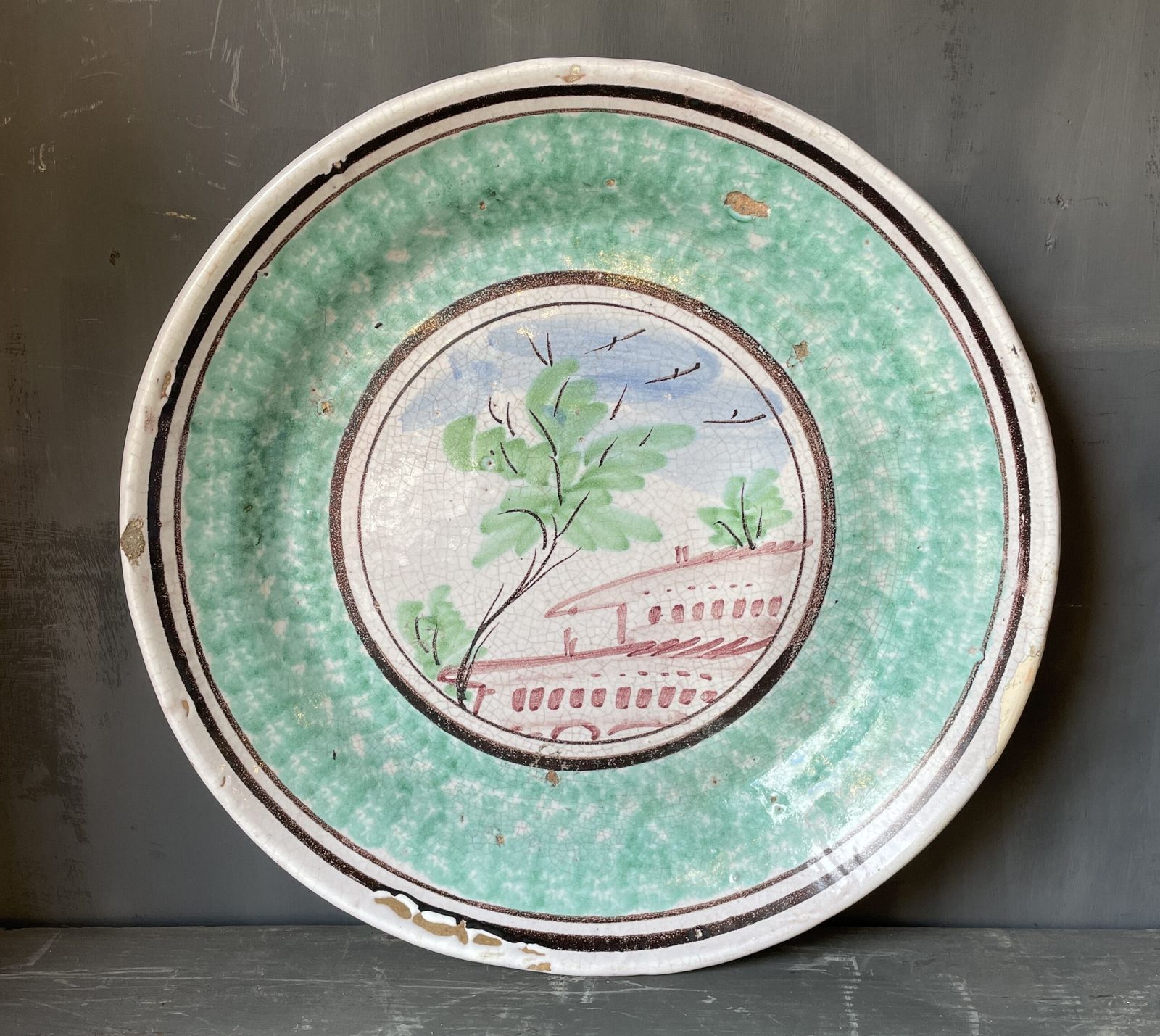 Large Italian Platter From The Naples Area,(Circa 1880) Decorated With Stylised Trees And Houses