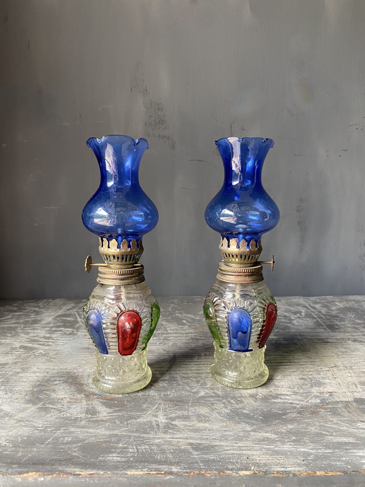 Pair Of Petite Glass Lanterns With Coloured Glass. (Circa 1920) photo for sale