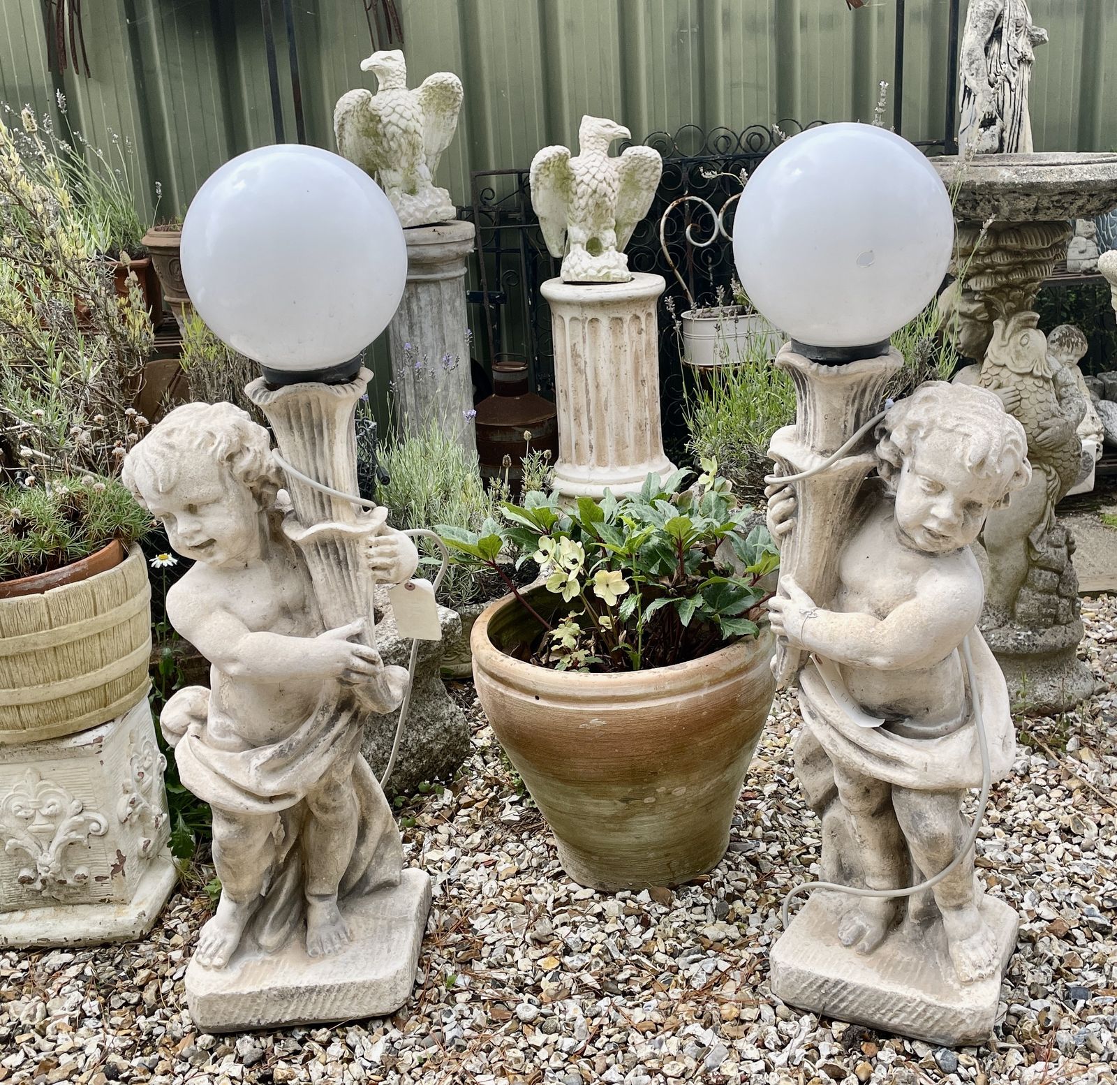 Vintage Pair Of Free Standing Cherub Italian Lights, Suitable For Indoors Or Gardens. (Concrete) photo for sale