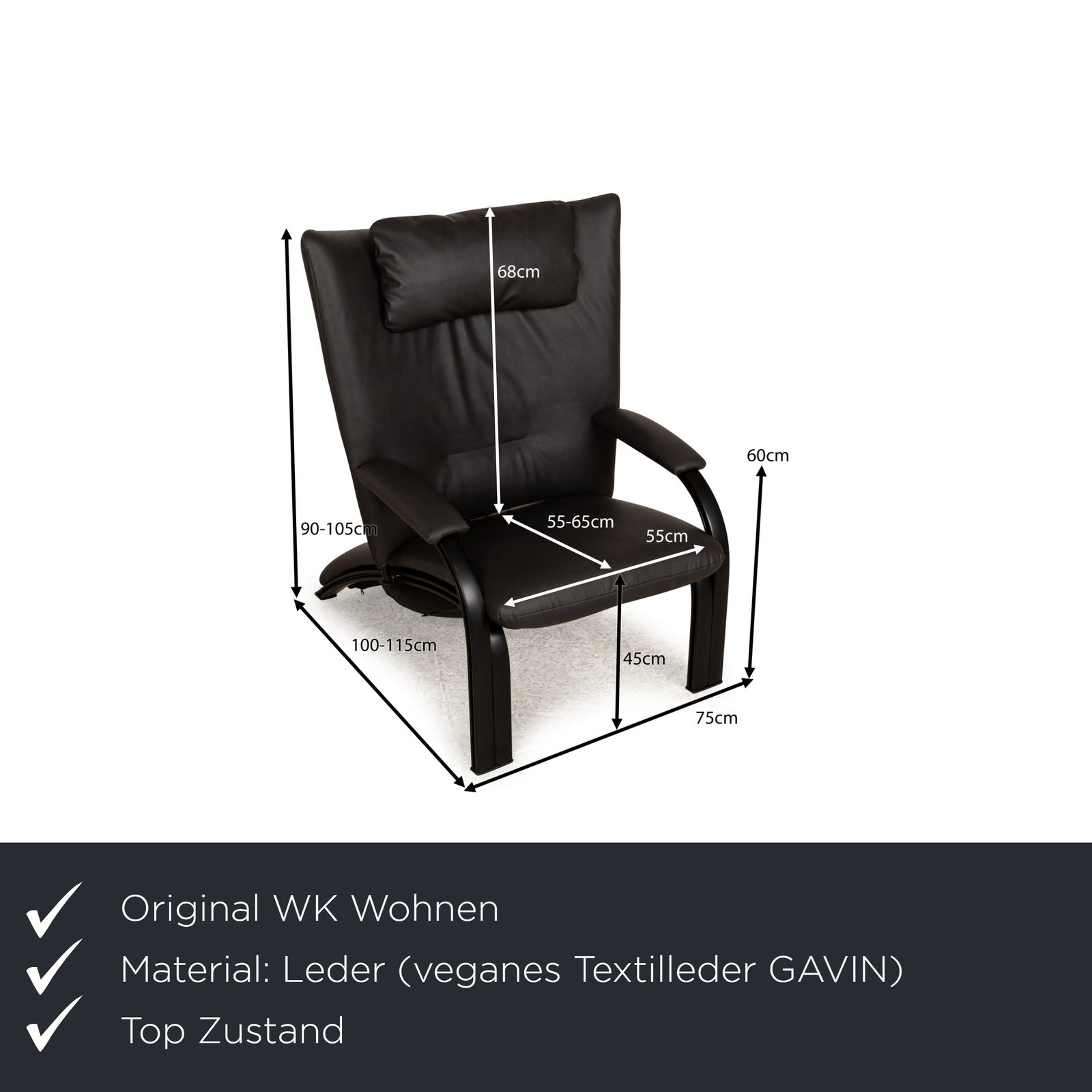 Fauteuil Wk Wohnen Spot 698 Vegan (Gavin 117) en métal laqué noir, revêtement noir et gris, fonction manuelle, nouvelle housse photo furniture