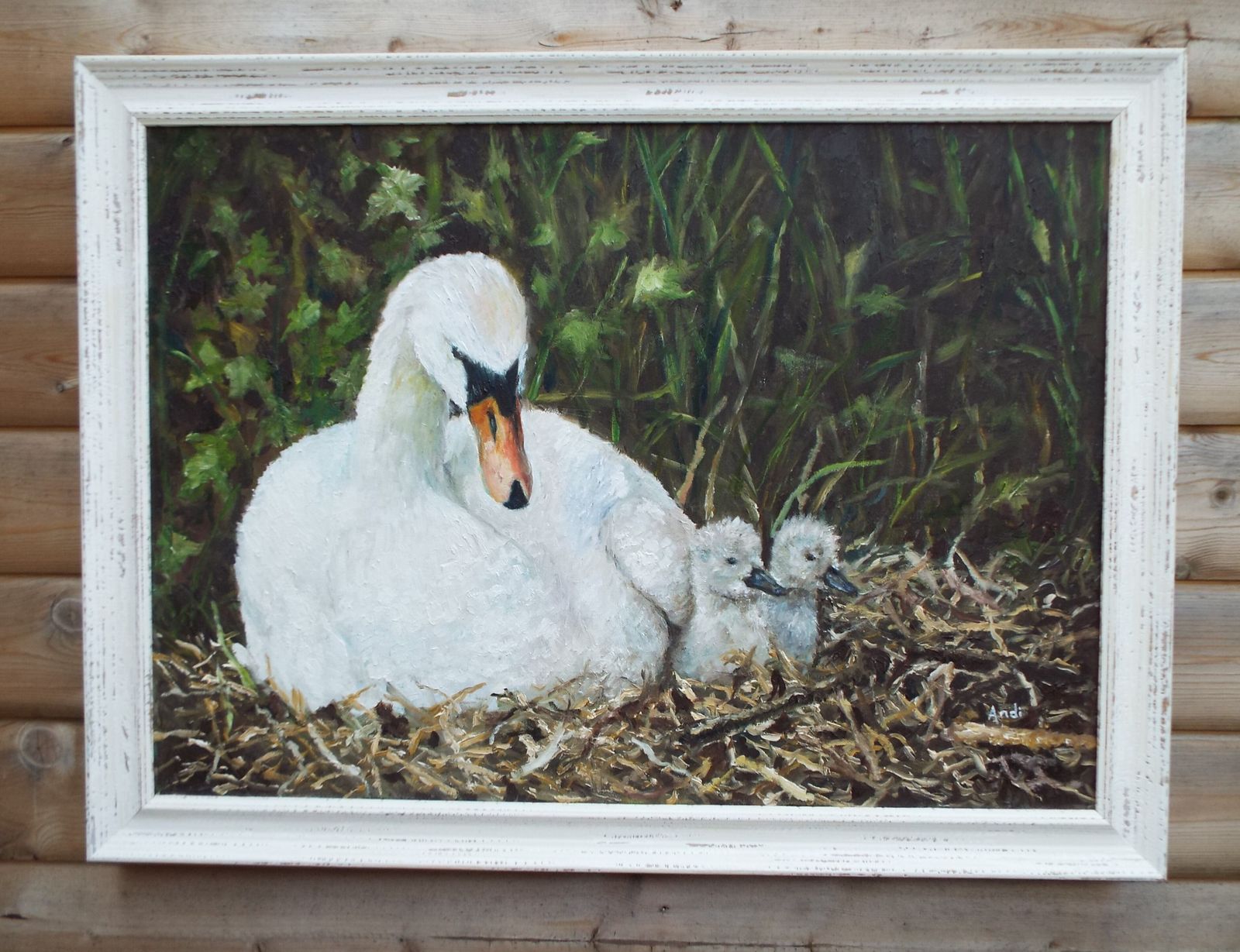Swan And Cygnets Original Large Oil Painting Signed Framed Wildlife Andi J Lucas