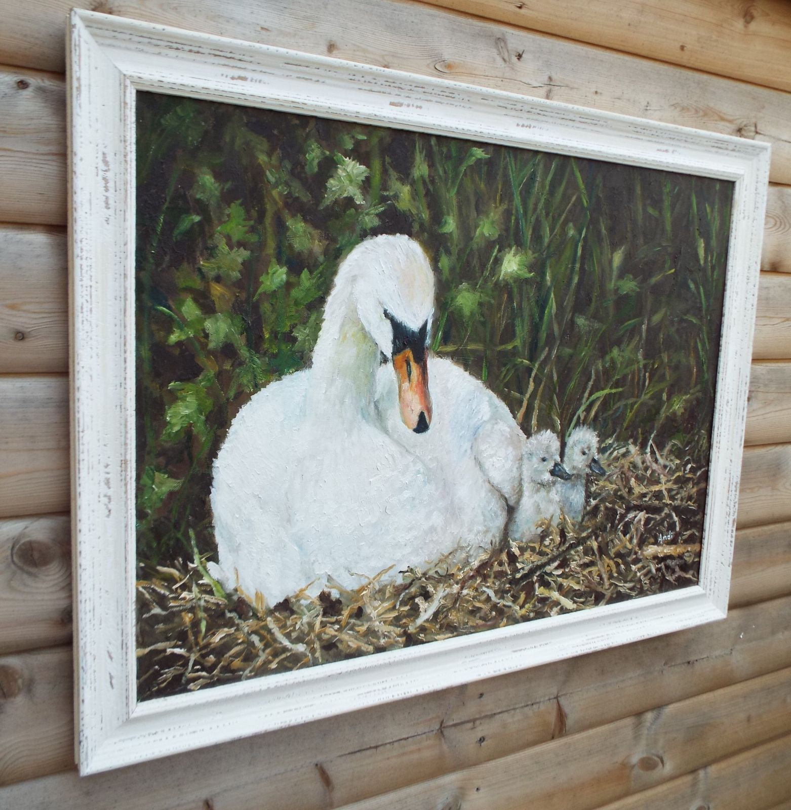 Swan And Cygnets Original Large Oil Painting Signed Framed Wildlife Andi J Lucas photo Art