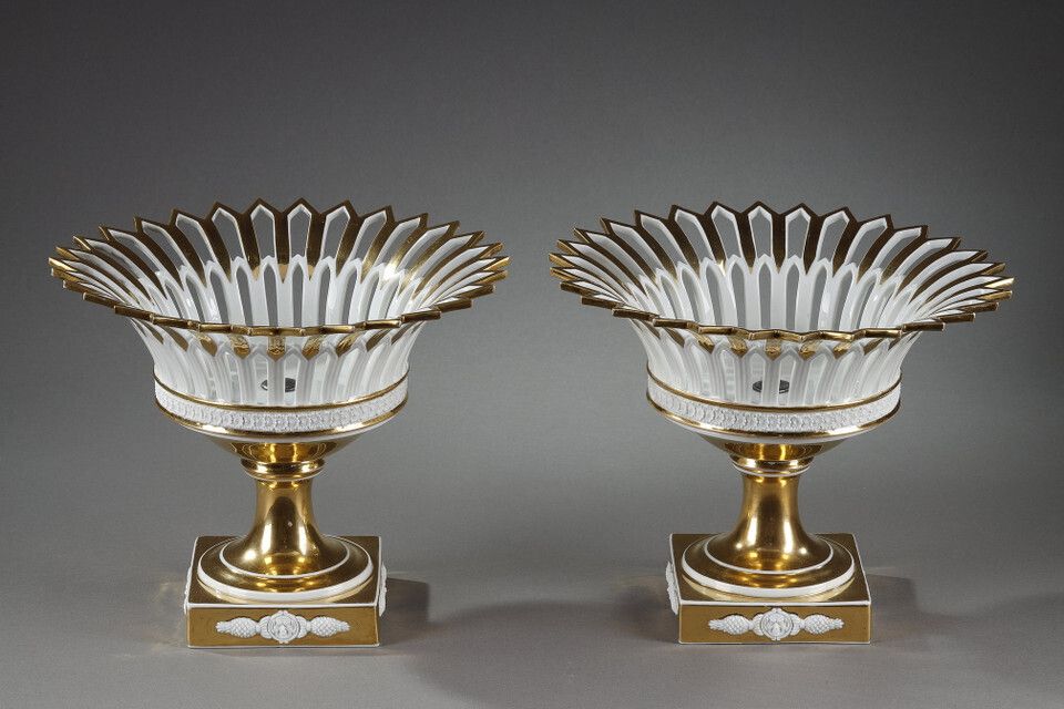 Pair Of Paris Porcelain Standing Baskets, Empire Period photo Home Decor