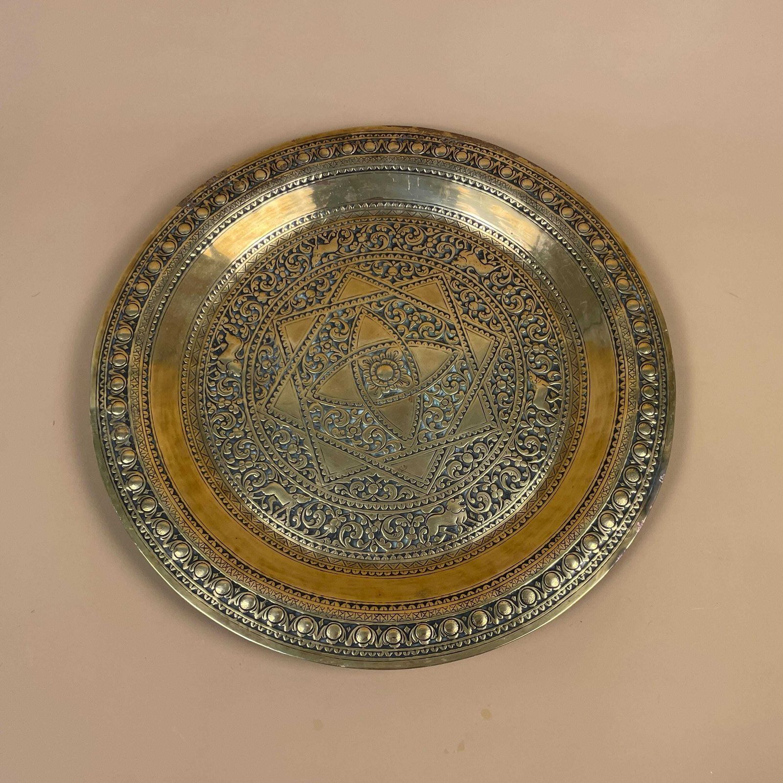 Indian Metal Gold Brass Tray 36cm Animal Pattern Decorative Black Inlay Circle Round Handmade Etched Intricate Vintage Antique