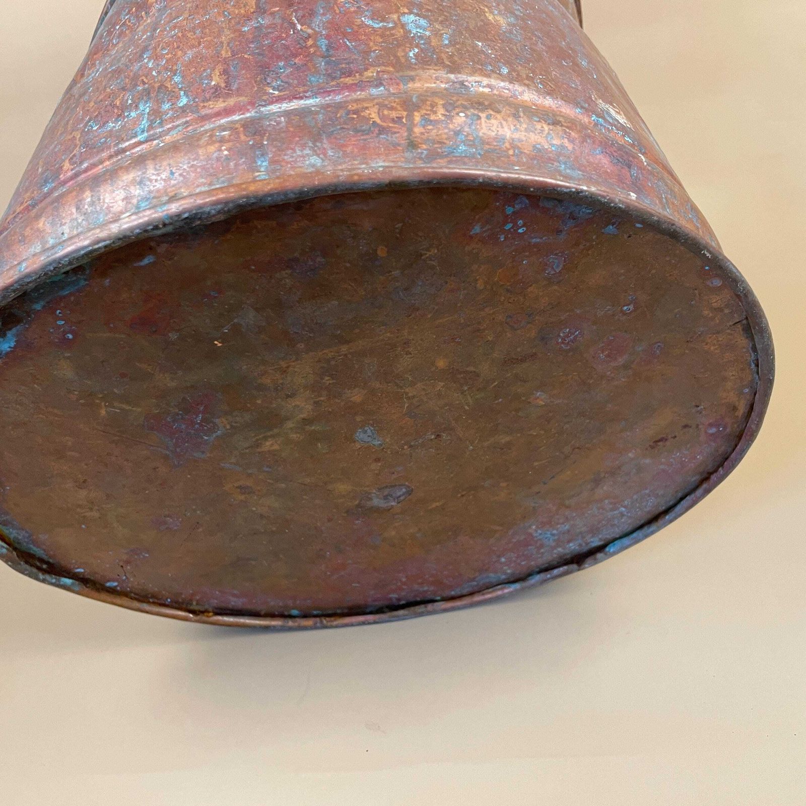 photo for sale Antique Metal Copper Coal Bucket Handle Fireside Fire Side Scuttle Gold Brass Trims Helmet Farmhouse Cottage Aged Patina Vintage Fireplace