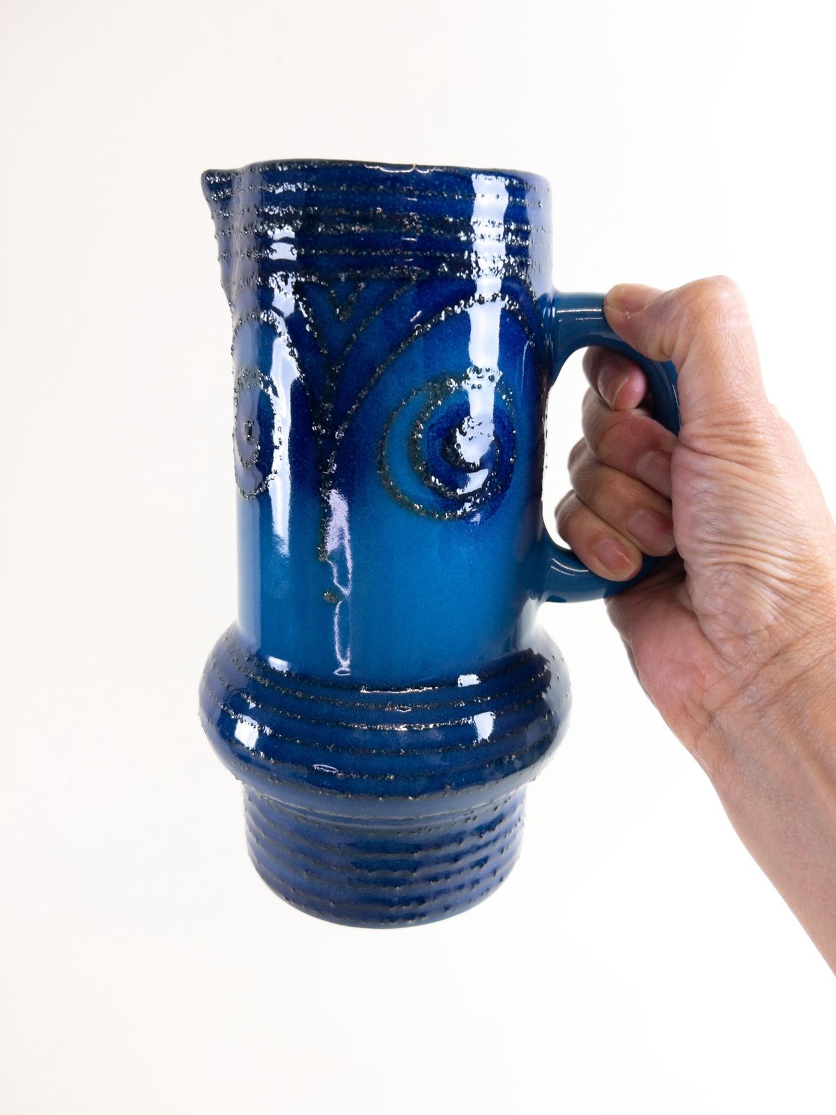 Fat Lava Blue Pitcher   Vintage East German Pottery Ceramic Jug By Strehla Keramik   Capacity 1 Litre photo for sale