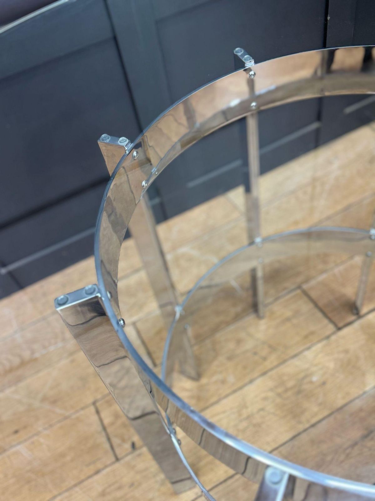 1970s Round Glass Top Chrome Dining Table By Richard Young Merrow Associates photo vintage