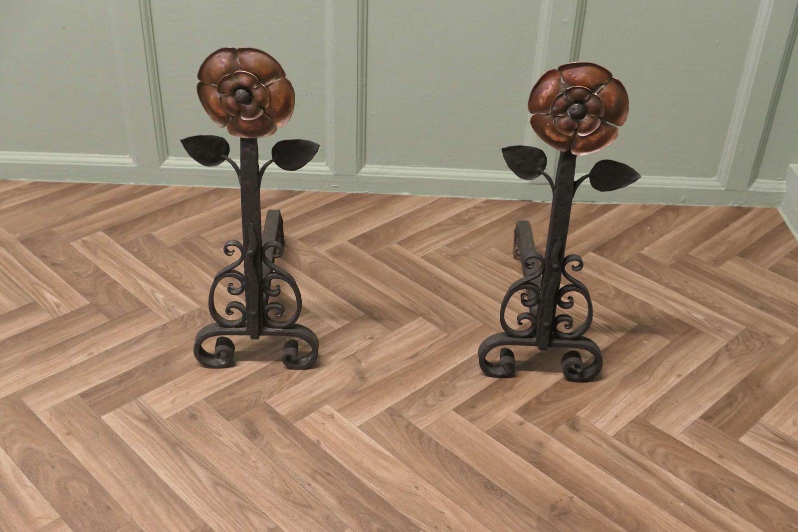 A Pair Of Large Arts And Crafts Copper And Iron Andirons Or Fire Dogs photo for sale