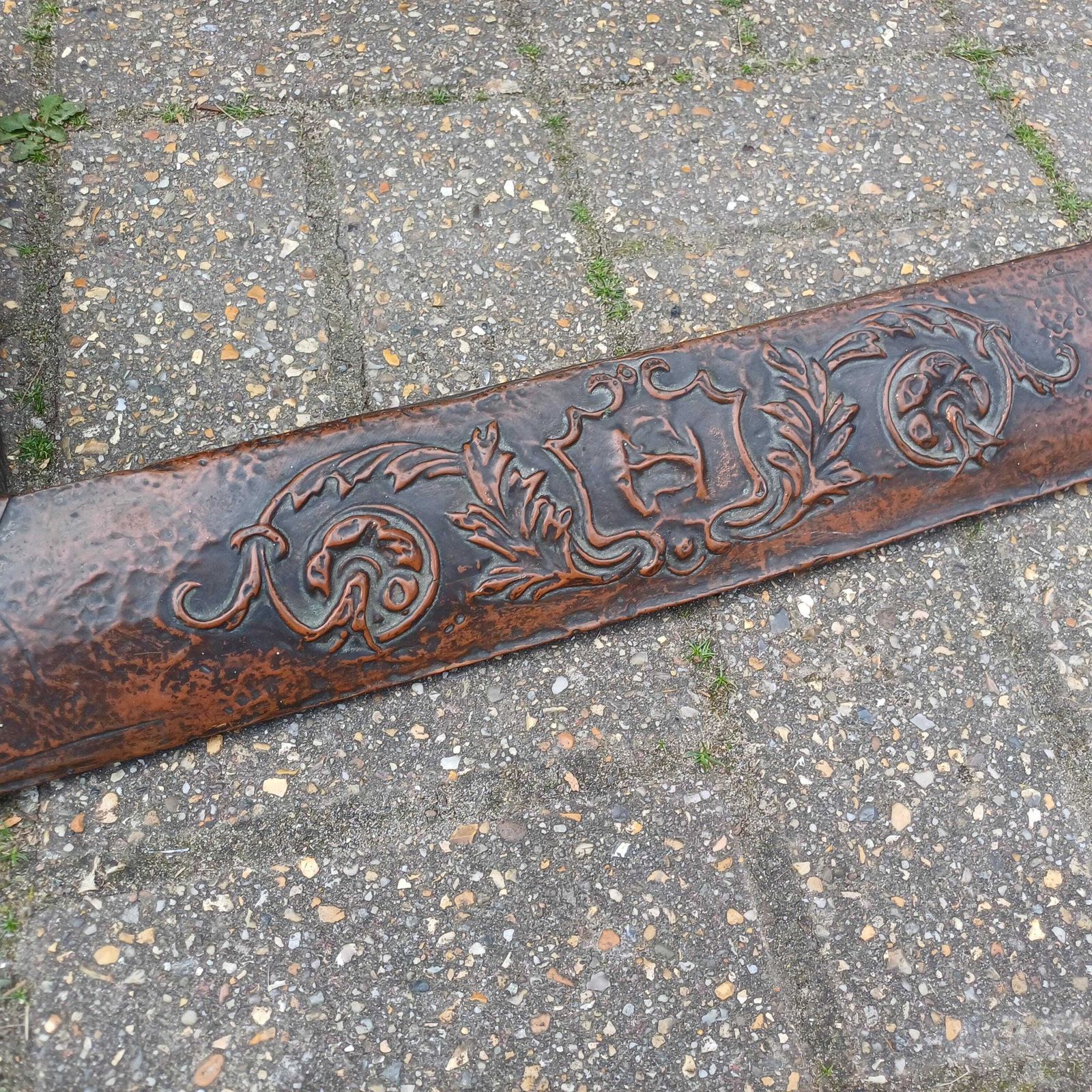 Antique Copper And Wood Fire Surround Panel Embossed Arts And Crafts Fender With Verdigris Patina photo vinterior
