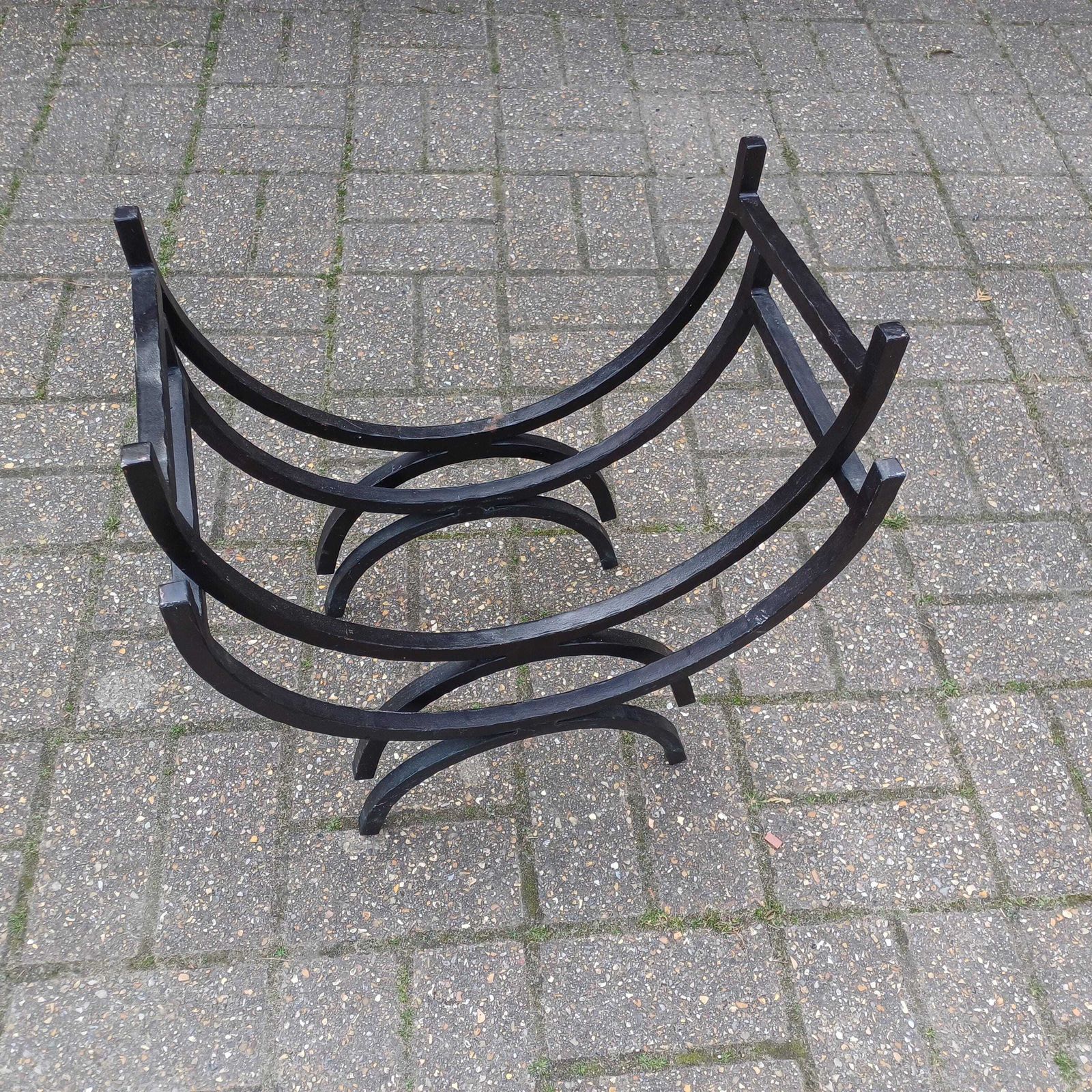 photo furniture Pair Of Vintage Iron Log Holders 1980s 1990s Black Hand Forged Wrought Iron Fireplace Wood Storage Rustic Industrial Style