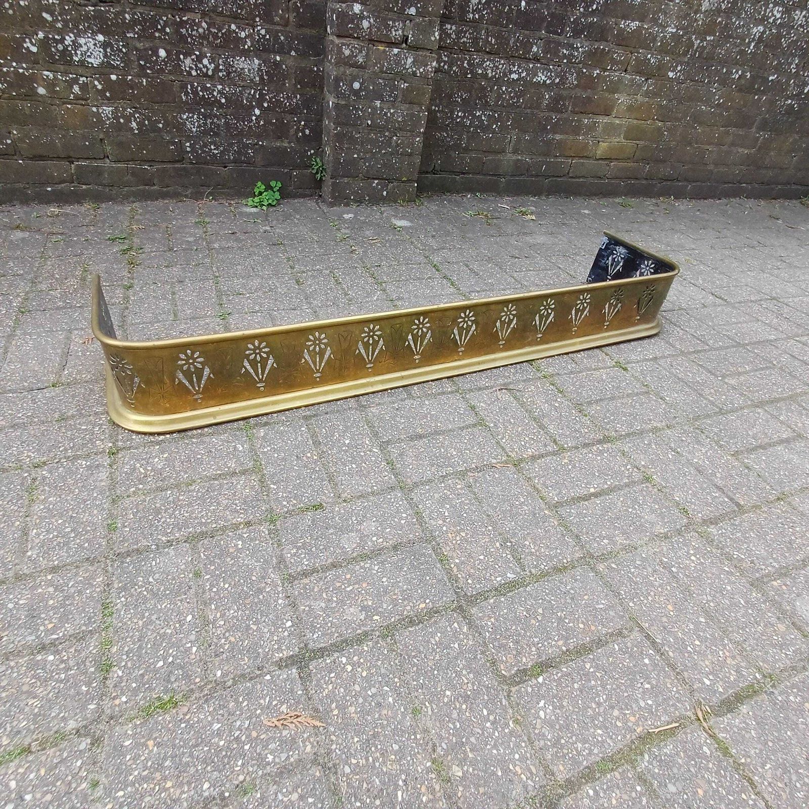Antique Brass Fireplace Fender Victorian Gothic Art Nouveau Pierced Cross Star Motif Rolled Edge Patina Decorative Hearth Guard