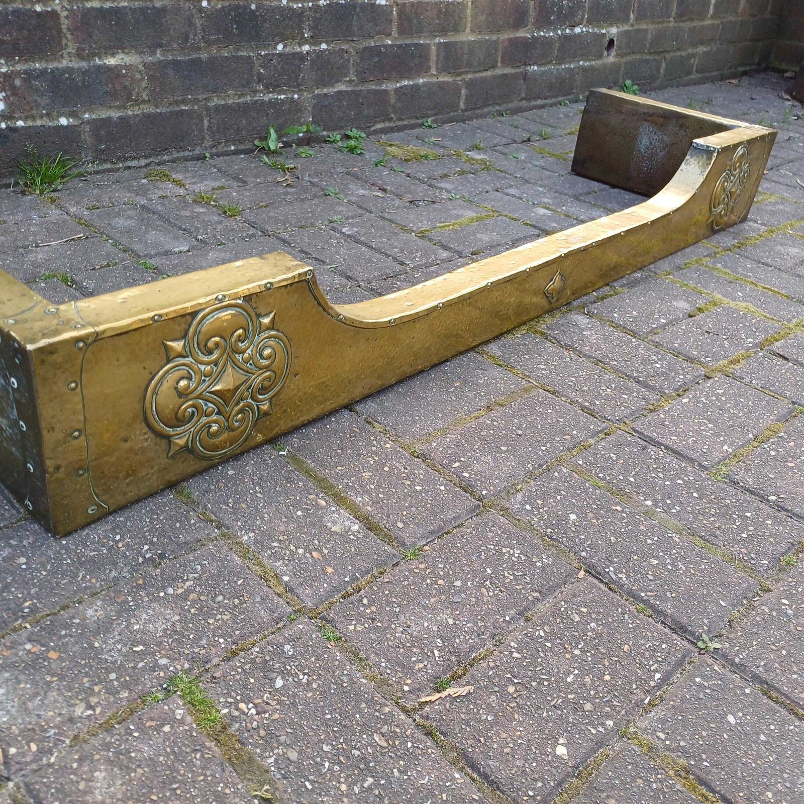Antique Brass Clad Fireplace Fender Late Victorian Or Edwardian, Hand Tooled Arts & Crafts Gothic Revival Style photo buy
