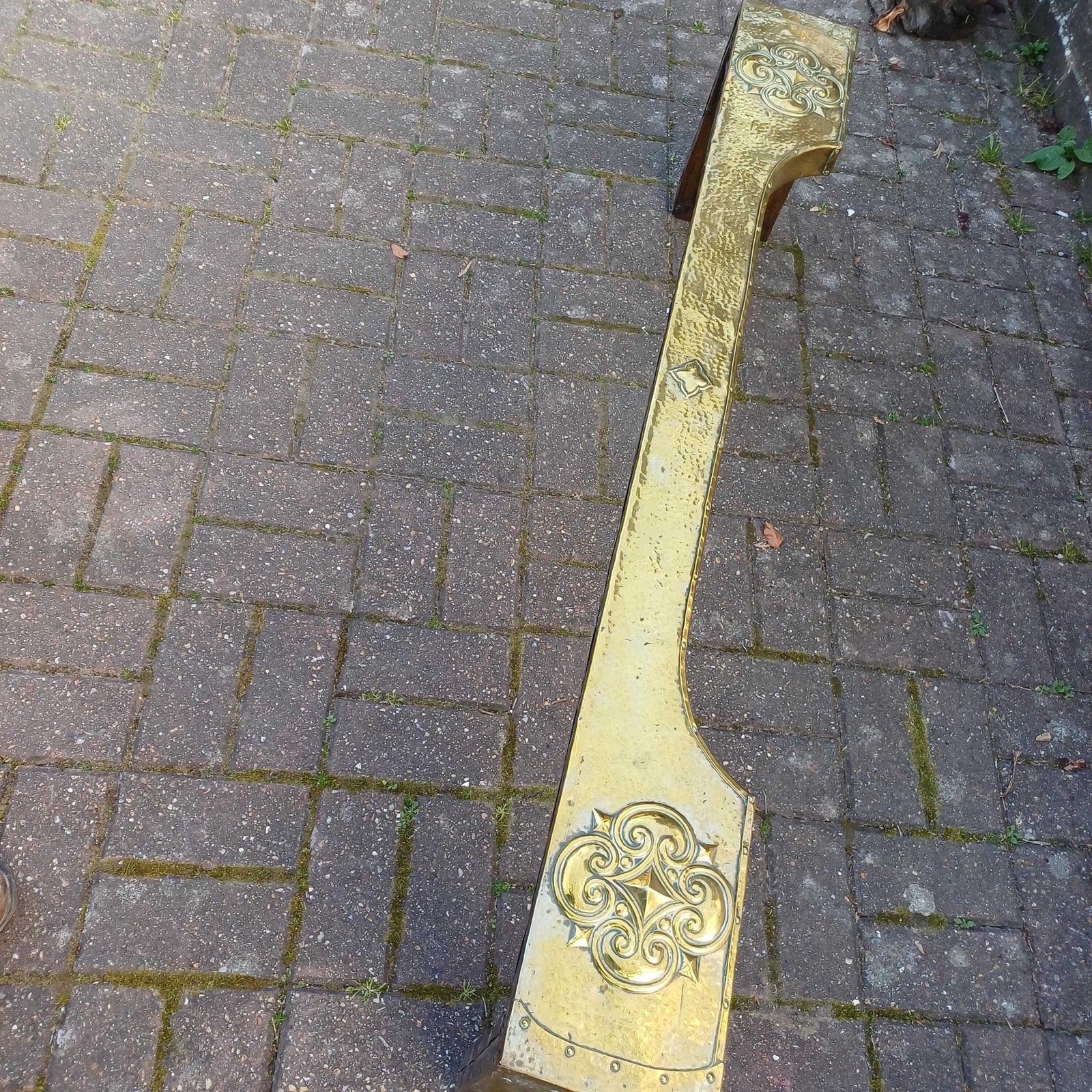 photo furniture Antique Brass Clad Fireplace Fender Late Victorian Or Edwardian, Hand Tooled Arts & Crafts Gothic Revival Style